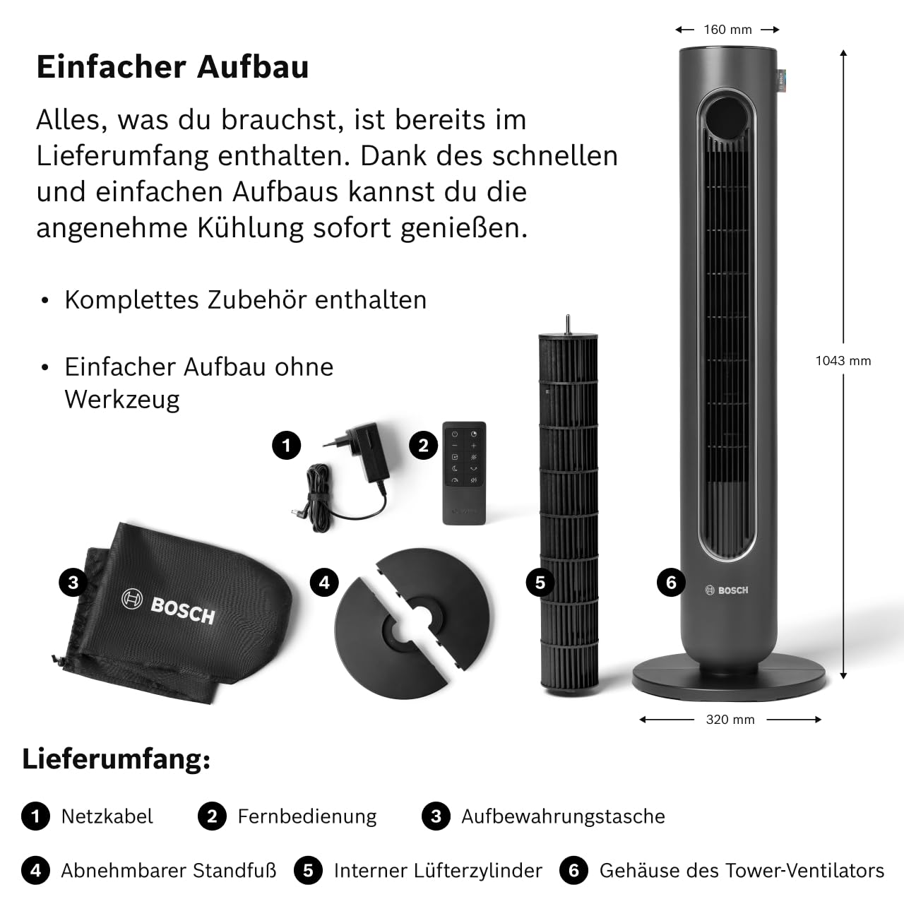Bosch Tower Fan 6000, Leiser Turmventilator, Midnight Grey