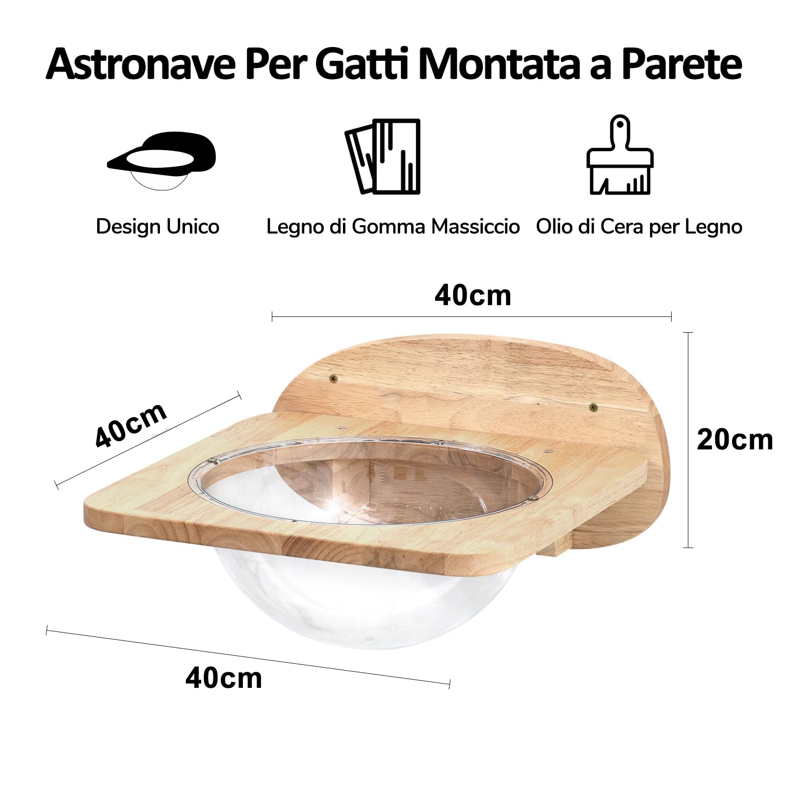 FUKUMARU Kit Parete per Gatti, Mensole da parete in Legno Massello, Cuccia a Capsula Trasparente, 2 Ripiani per Arrampicata, Spazio Multifunzionale per Scalare e Riposare. Portata 16KG.