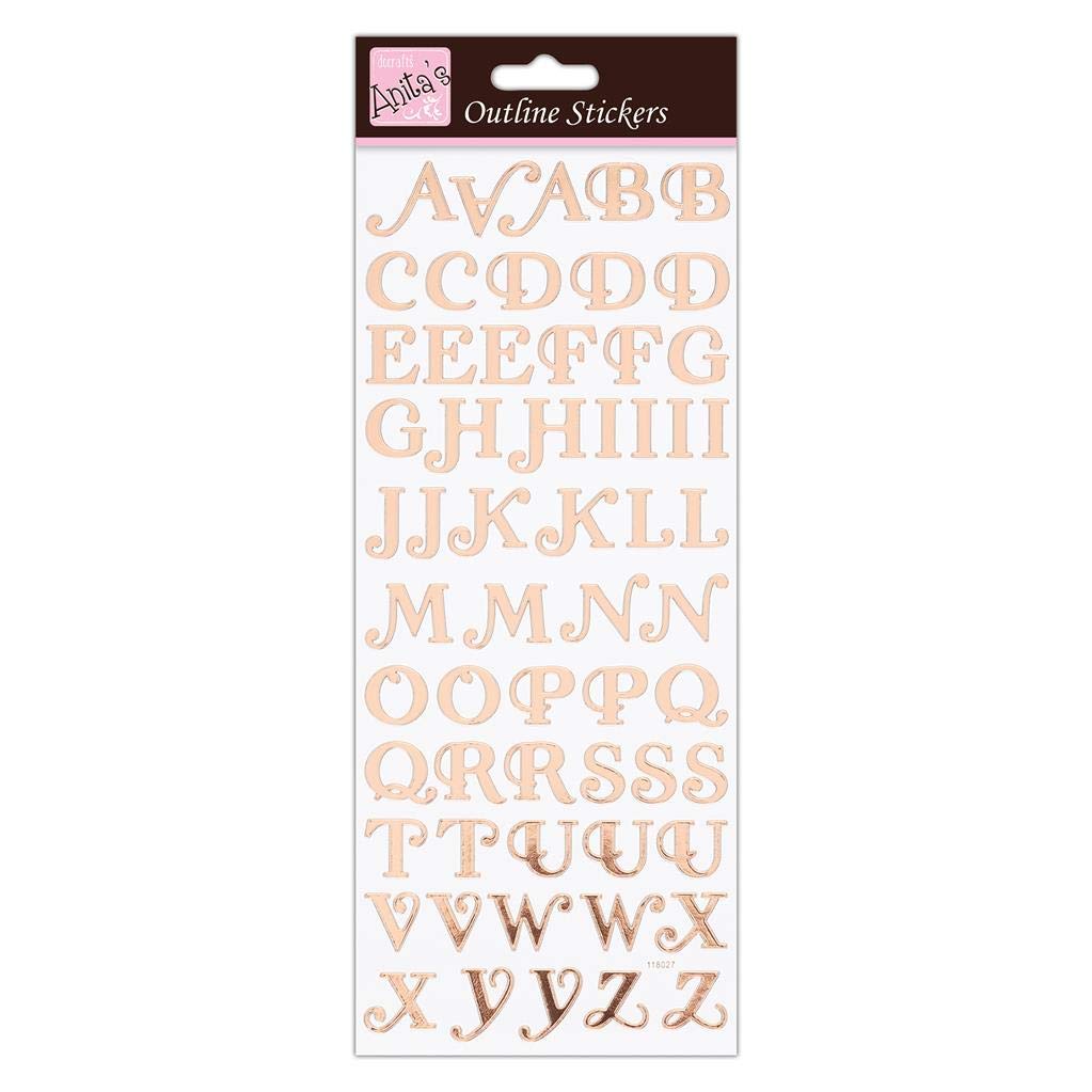 Anita's Rose Gold On White Outline Stickers, Script Alpha Upper Case, For Scrapbooking, Card Making, Kids Play, Homework, Art, Craft, Embelish, Decorative, Paper, Card, Glass, Metal, Plastic, Foam