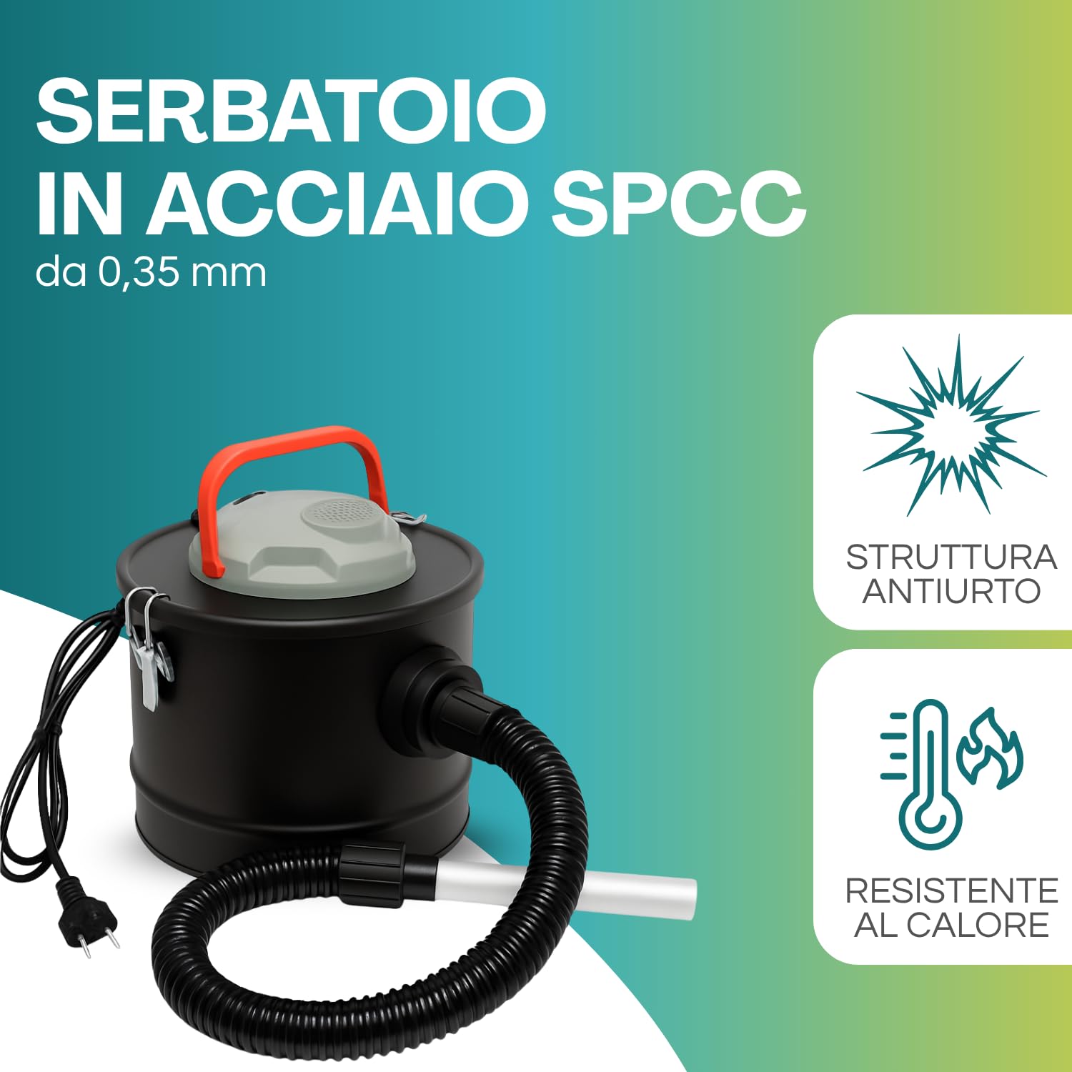 Paluplus Aspiracenere con Funzione Soffiante, Aspiratore con Filtro HEPA, Tubo da 80 cm e Bocchetta in Alluminio da 23 cm, per Pulizia Camini, Stufe a Pellet e BBQ, Potenza 600W -098M -3,13 (10 Litri)