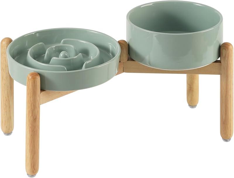 Havniva Elevated Slow Feeder Dog Bowls, Ceramic Dog Bowl Slow Feeder Set | 1.2 Cups Raised Slow Feeder Dog Bowl for Small Breed, 6.1” Dog Water Bowl with Wooden Stand, Puzzle Dog Food Bowl, Non-slip