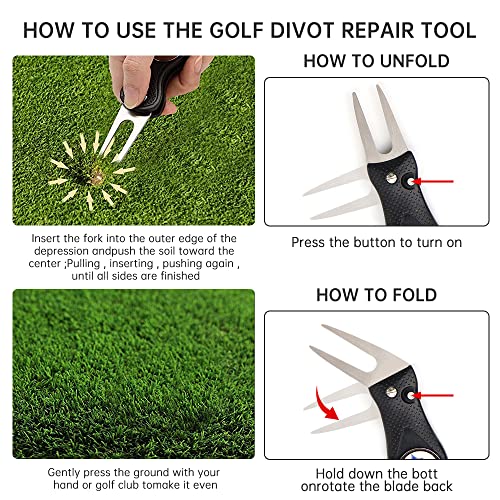 smtfcty Golf-pitchvork, 2 stuks, opvouwbare roestvrijstalen divot-vorken met afneembare balmarkers, golfbaantoestellen, putting green reparatieset (zwart blauw) - Afbeelding 5