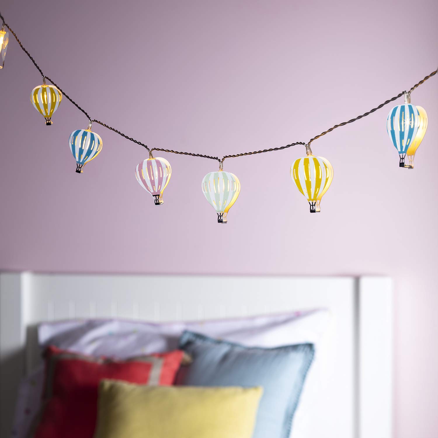 Lights4fun - Catena di Luci Decorative per la Cameretta dei Bambini con Mongolfiere e 12 LED Bianco Caldo a Pile< Luci Letto Montessori