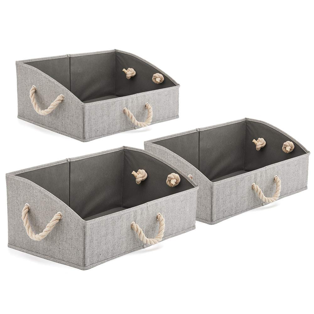 Set of 3 Large Nursery Storage Bins EZOWare Foldable Fabric Trapezoid Organizer Boxes with Cotton Rope Handle, Collapsible Basket for Shelves, Closet, Baby Toys, Diaper - Gray