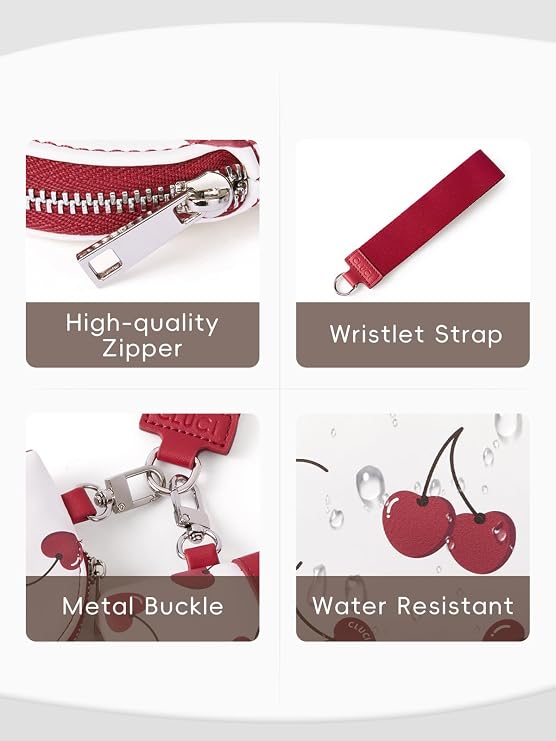 CLUCI Keychain Wallet for Women PU Leather Coin Purse Detachable Dual Pouch Wristlet Wallet Zipper Pocket Cherry Print