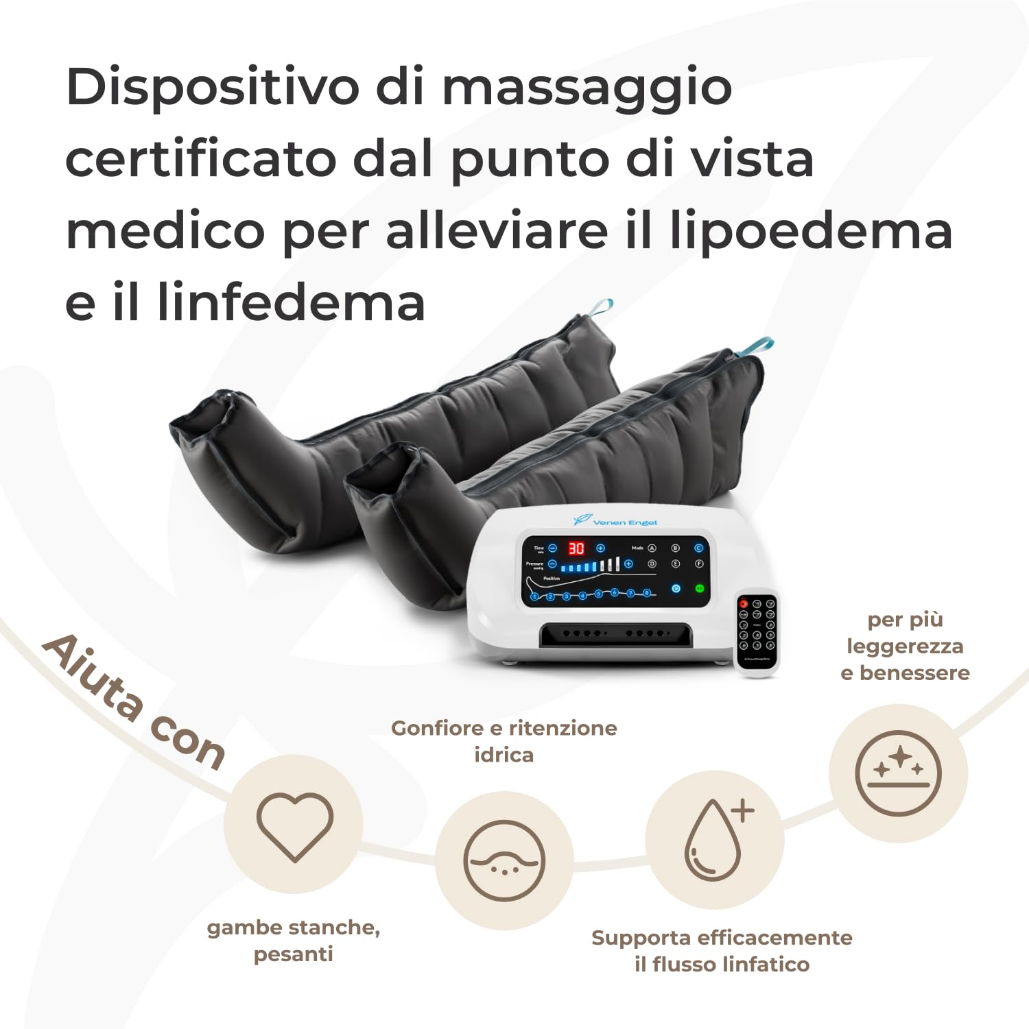 Vein Angel 8 Premium apparecchio per massaggi con gambali, 8 camere d'aria disattivabili, pressione & durata facilmente regolabili, 6 programmi di massaggio, no pressoterapia
