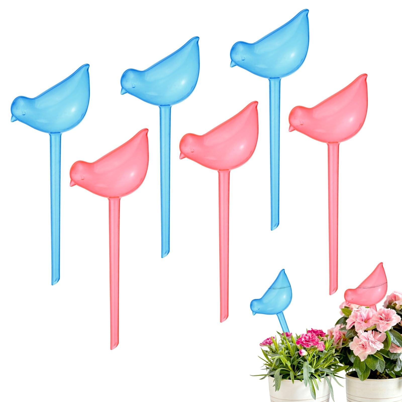 M METERXITY 6-Pack Plant Watering Globes, 9.8 Inch Plastic Bird Shape Self Watering Planter Insert for Indoor/Outdoor Pots, Self Water Devices Decorative Garden Stake [Blue/Pink]