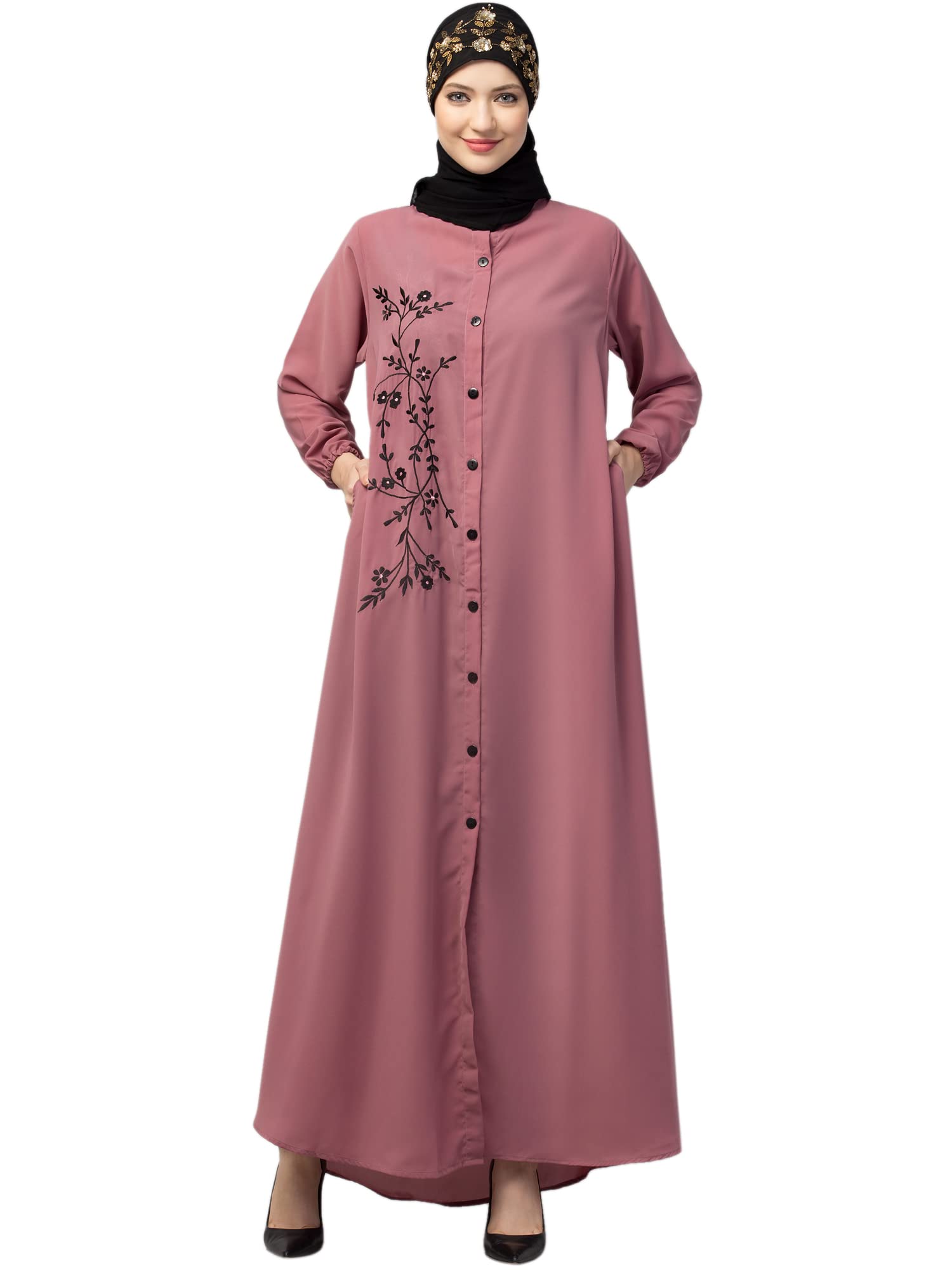 Front open Contrast Embroidery Casual Abaya-picture-30