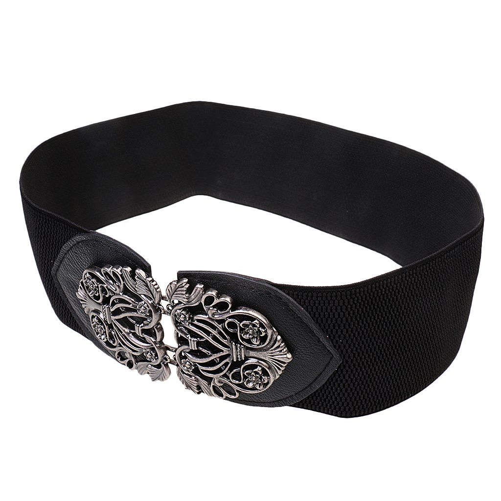 Gonaturs Womens Ladies PU Leather Wide Embellished Elastic Buckle Waist Belt - black, One Size