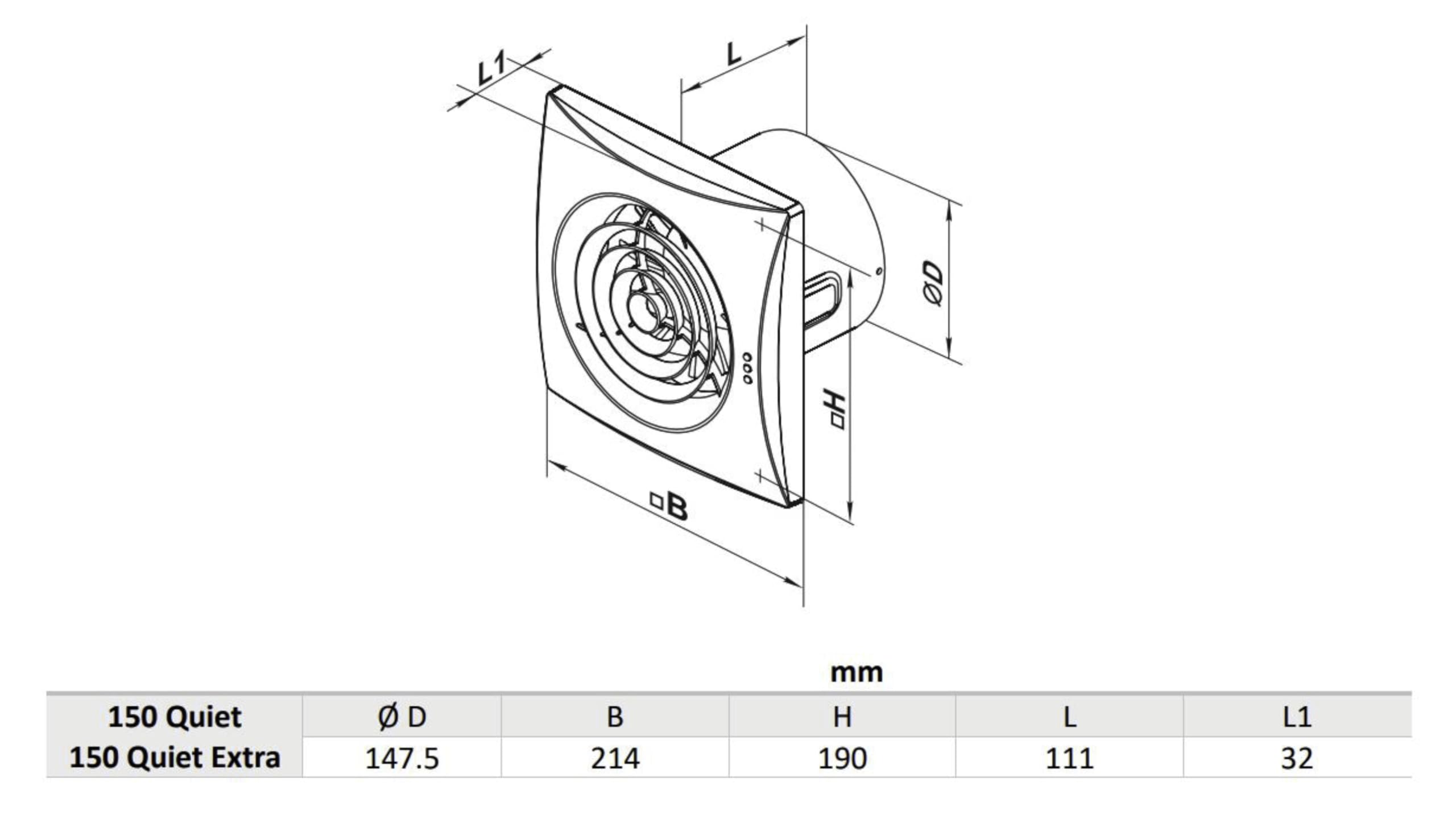Innowacyjny, cichy i energooszczędny wentylator, oryginalny wentylator Vents 150 Quiet Timer, przełącznik opóźnienia, regulacja wilgotności (hydrostat), bardzo cichy, 150 mm, łożysko kulkowe, folia zwrotna (zawór)