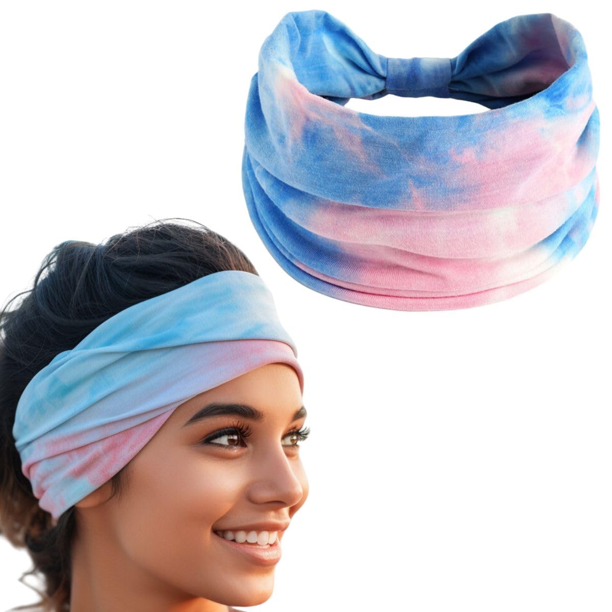 XFYT Silky Soft Tie-Dye Yoga Stylish Hair Bands | Boho Stretch Chic Elegant Head Band for women girls workout sports fitness gym (Pink Sky)