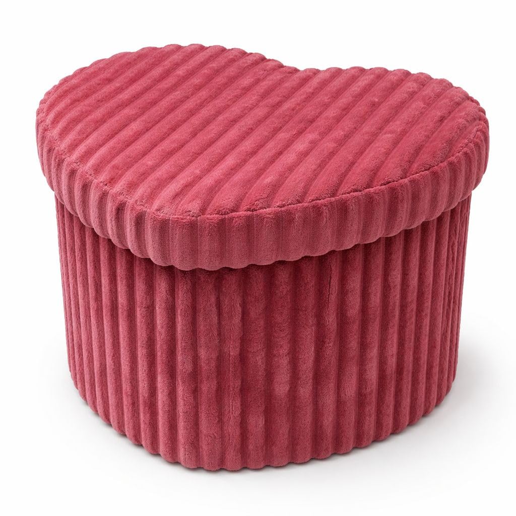 INSAFIANS Foldable Ottoman Storage Box with Lid – Footstool Bench Bedroom Living Room Entryway Seating Toy Chest (Corduroy Heart Pnk Med)