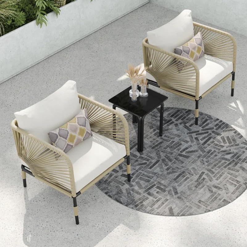 Image of OUTLIVING Garden Patio Seating 2 Chairs and 1 Coffee Table Set with Cushion | Braid and Rope Outdoor Metal Furniture Set for Balcony, Garden, Outdoor (White-Beige)
