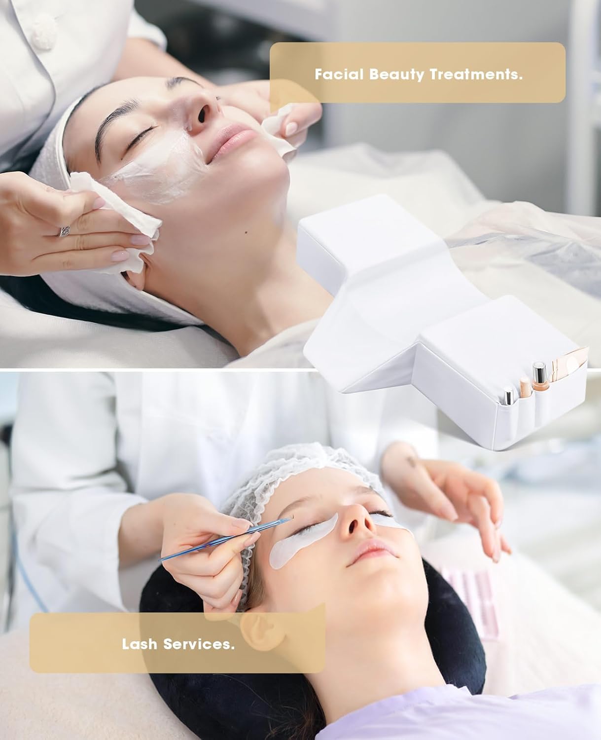 Onism Lash Pillow, Leather Waterproof Curved Memory Foam Lash Extension Pillow with Neck and Back Support, Perfect Pillow for Eyelash Extensions, Pockets on Both Sides for Tools, White