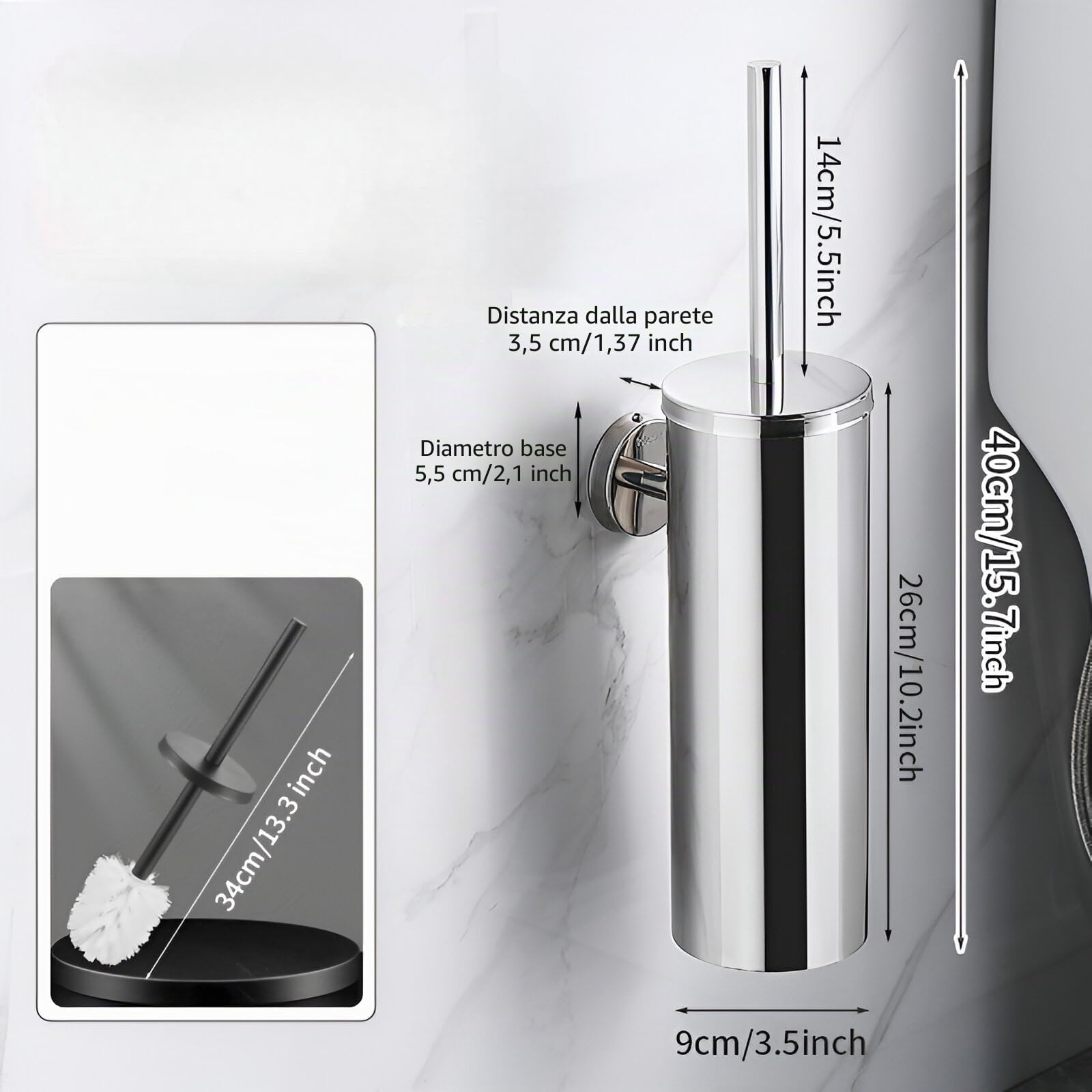 Scopino WC Sospeso, Scopino WC a Parete Senza Foratura - per Hotel, Appartamenti, Ville e Spazi Pubblici - Accessori per il Bagno - Cromo Argento