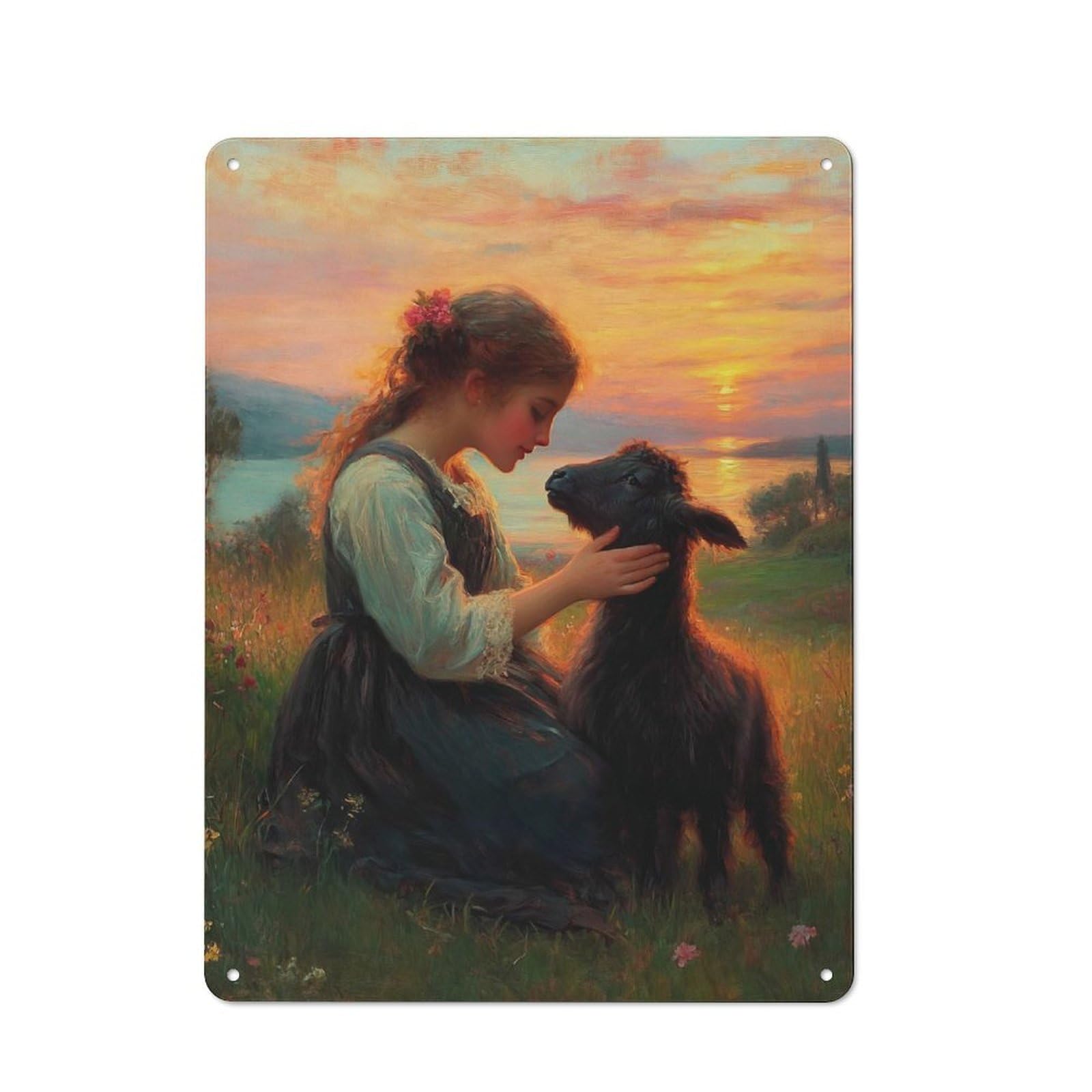Junmoney Girls And Lamb At Sunset Vintage Metal Sign 40X30cm, Bistro Style Bistro Wall Plaque For Cafe, Bistro, Bakery Or Restaurant