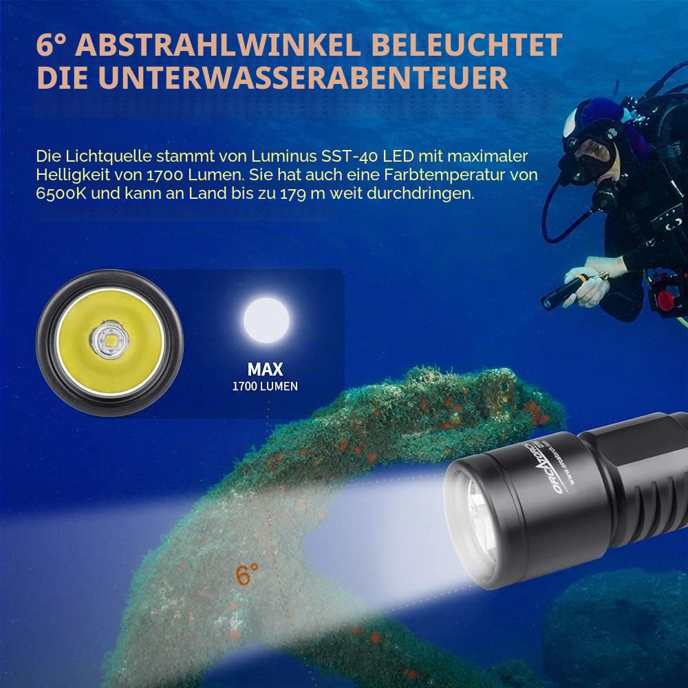 ORCATORCH D700 Tauchlicht 1700 Lumen Tauchlampe 150.0 m Tiefe Unterwasser Tauchen Taschenlampe