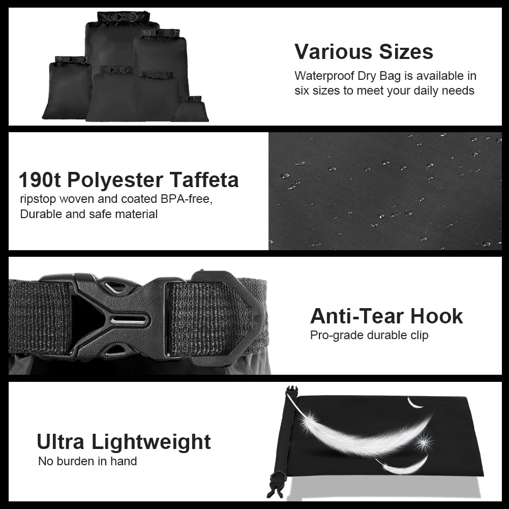 vsshe 6 Piezas Bolsas Estancas Impermeable, 1.5/2.5/3/3.5/5/8L Bolsas Secas Ligeras, Bolsas Estancas Ligeras Portátil, para Kayak, Senderismo, Rafting, Camping, Pesca, Ciclismo (Negro) — view 3