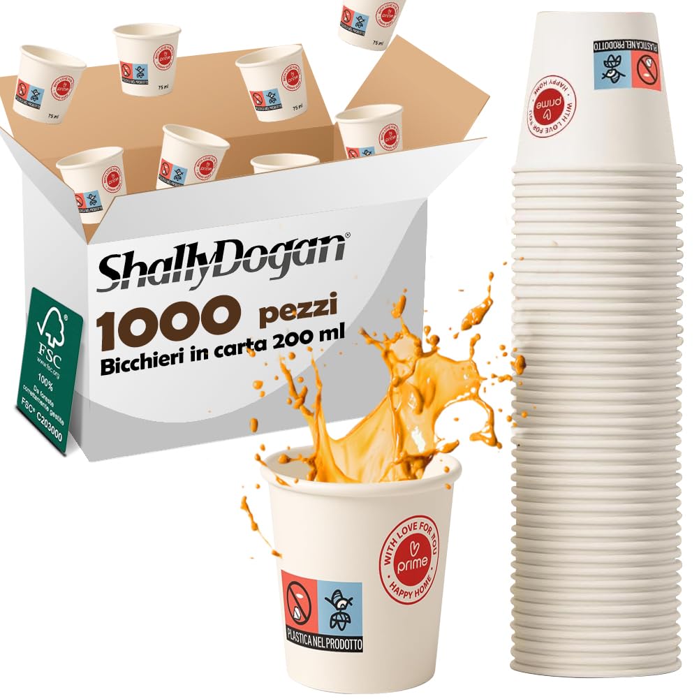 BAKAJI 1000 Bicchieri Monouso Capacità 200 ml per Acqua Bibite Calde e Fredde, Tazza in Carta Usa e Getta Riciclabili x Hotel, B&B, Casa, Feste ed Eventi, Biodegradabili e Ecosostenibili (Bianco)