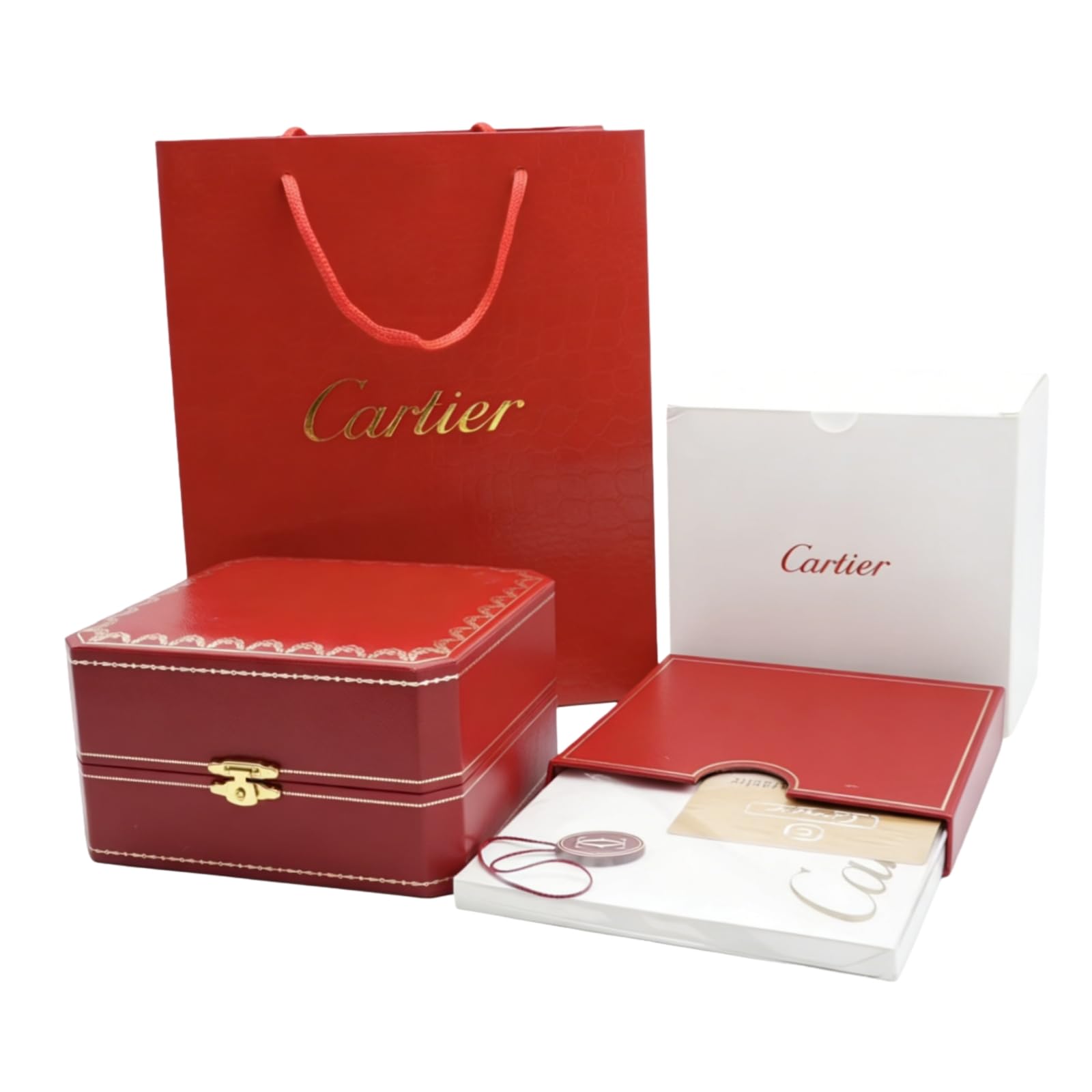 Set Scatola Presentazione Orologi Borsa Trasporto Rossa Cartone Esterno Bianco Bauletto Quadrato per Cartier