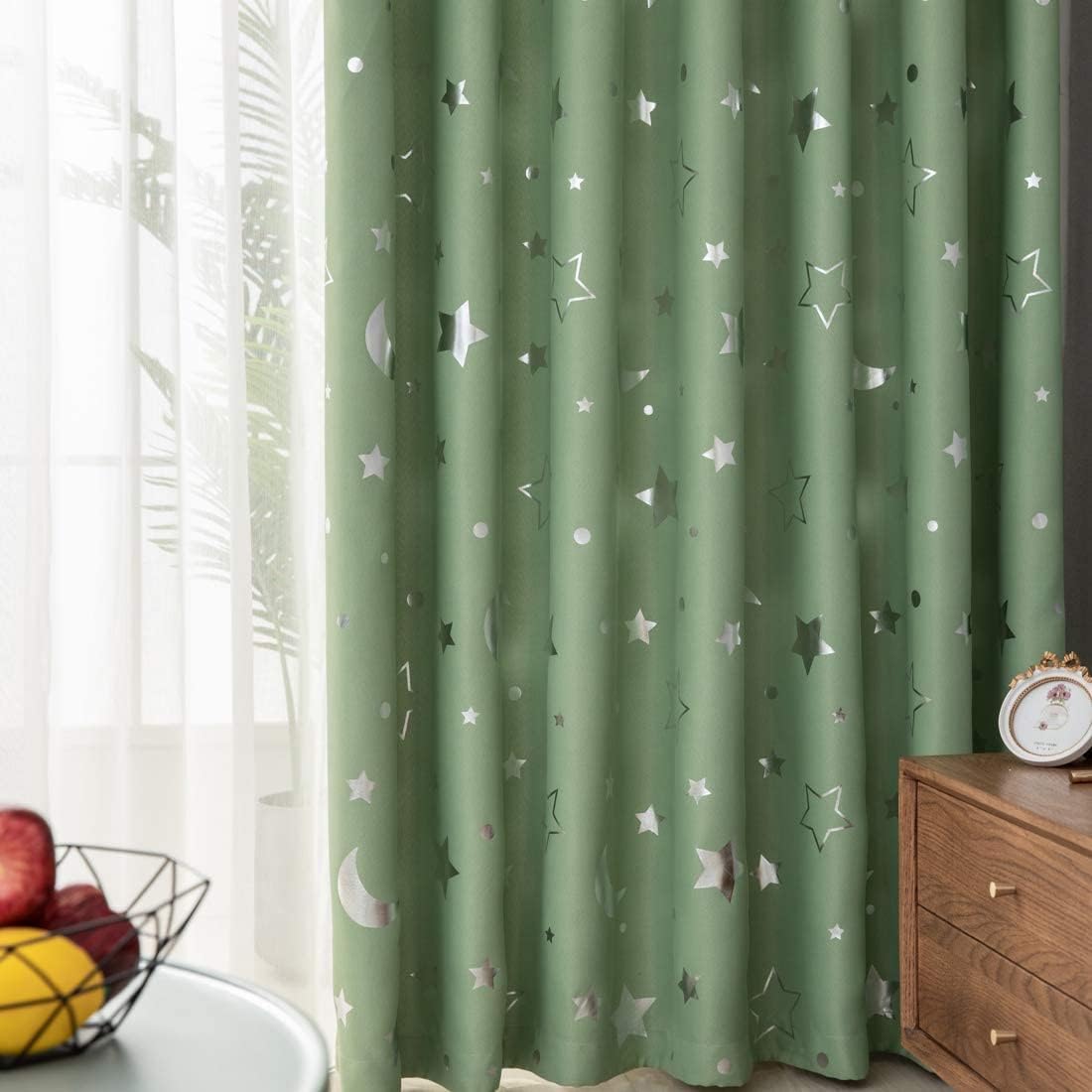 Green Blackout Curtains for Living Room 84 Inch Length - 2 PCS Star Moon Print Grommet Nursery Essential Blackout Thick and Soft Window Strapes for Kids Bedroom