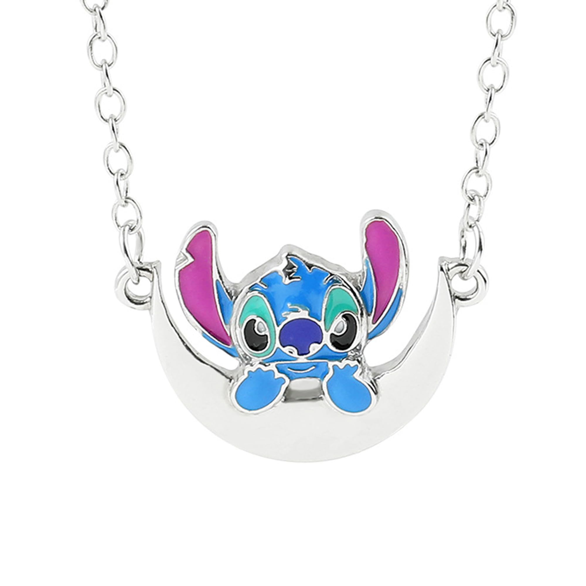 ANEIMIAH Stitch Necklace, Silver Plated Crescent Half Moon Pendant for Women & Girls, Ohana Means Family Jewelry Gift, Trendy & Creative Design