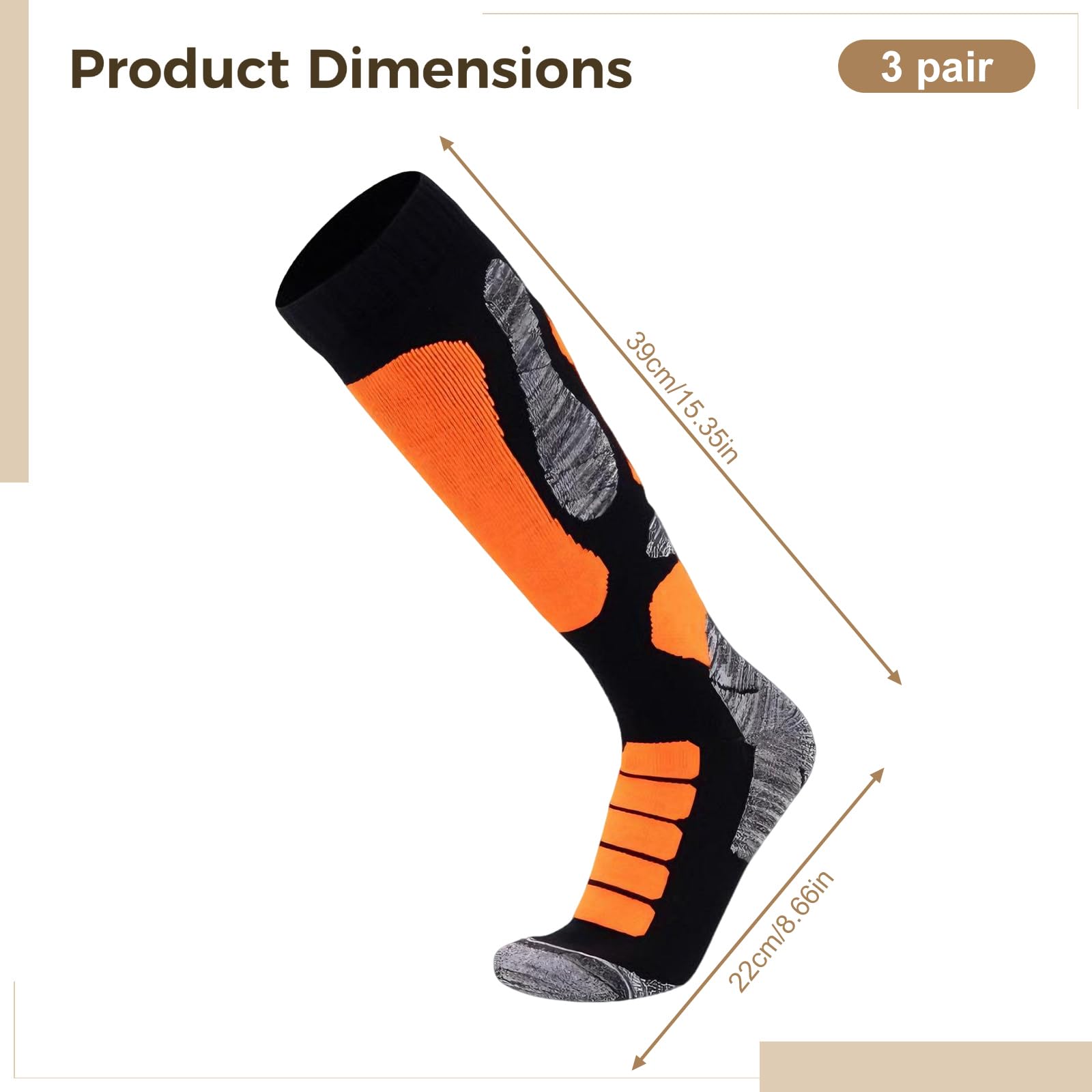 3 pares de calcetines de esquí de lana merino para mujer y hombre, calcetines térmicos hasta la rodilla, calcetines gruesos de senderismo, talla 22 cm