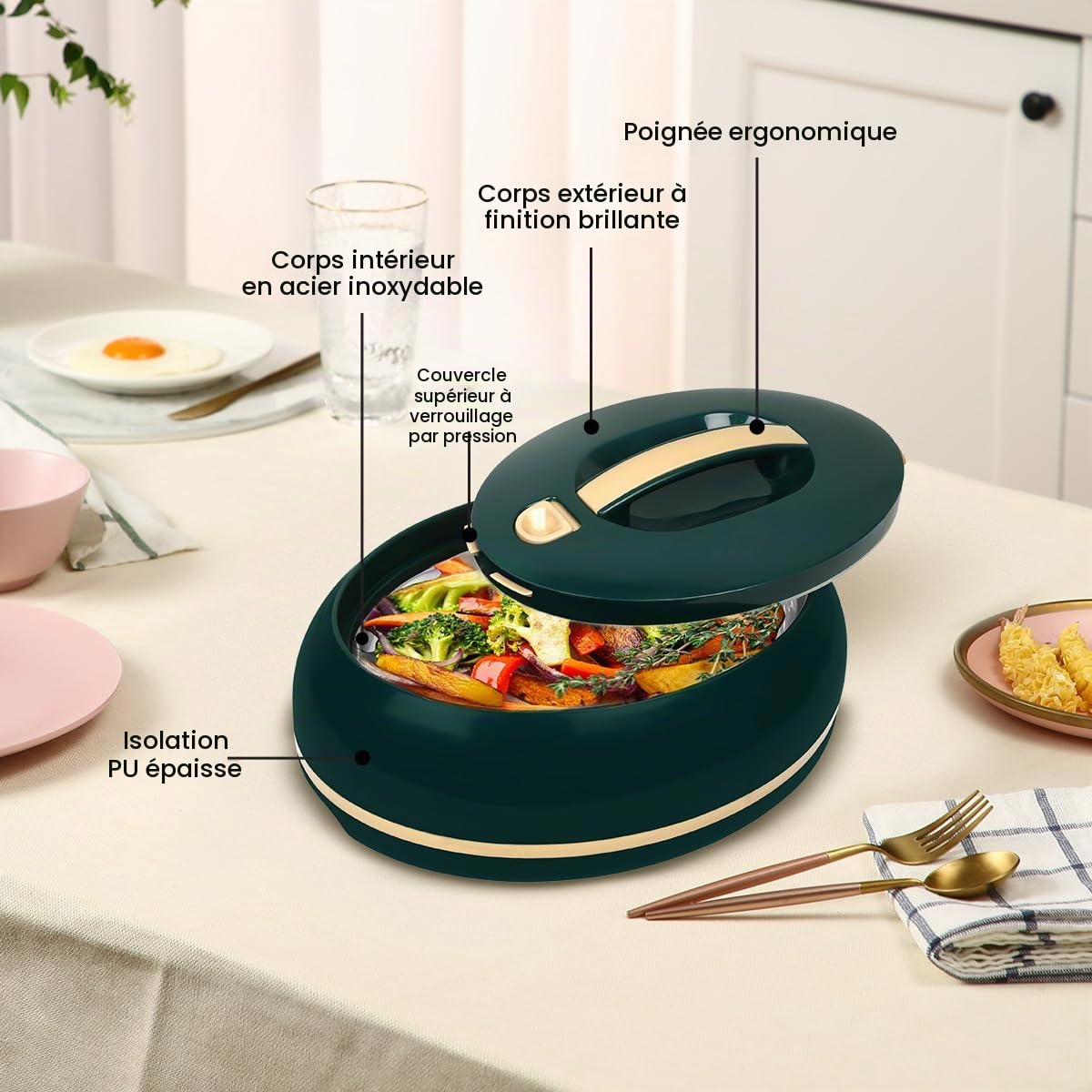 Grand plat de transport isotherme ovale élégant - Couvercle ouvert à une main - 3,15 l - Réchauffeur/refroidisseur de luxe - Bol de service thermique pour buffet/fête - Récipient pour aliments chauds