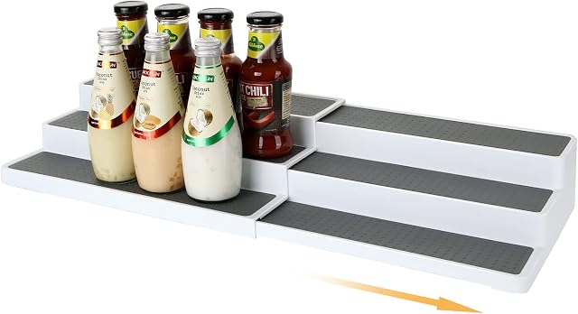 JMIATRY 3-Tier Non-Slip Spice Rack for Inside Cupboard, 25.9''x9.6''x3.5'' Expandable Kitchen Cupboard Organiser, Expandable Seasoning Shelf for Kitchen, Bathroom and Dressing Table