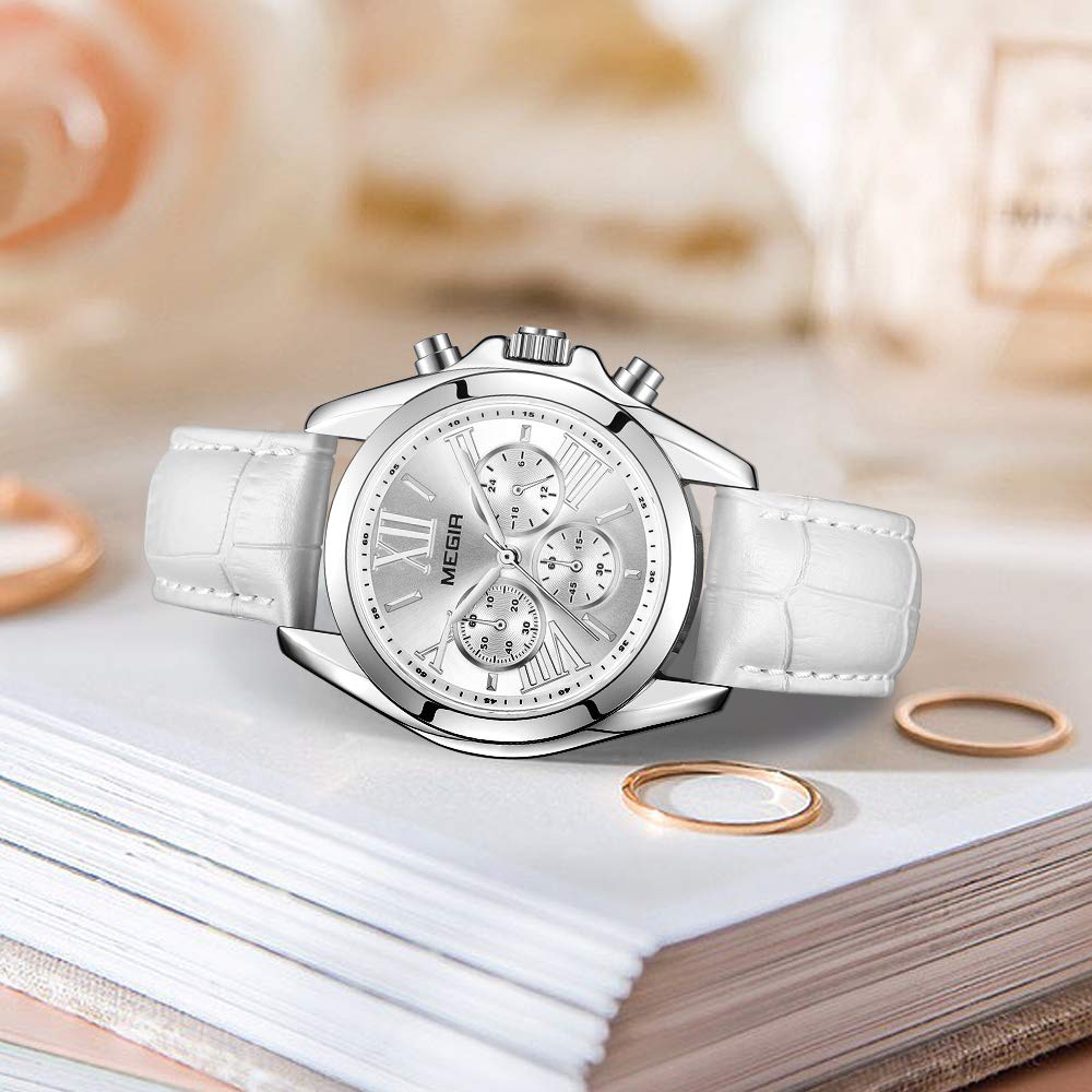 MEGIR Orologio da Donna Cronografo Analogico al Quarzo con Cinturino in Pelle Impermeabil