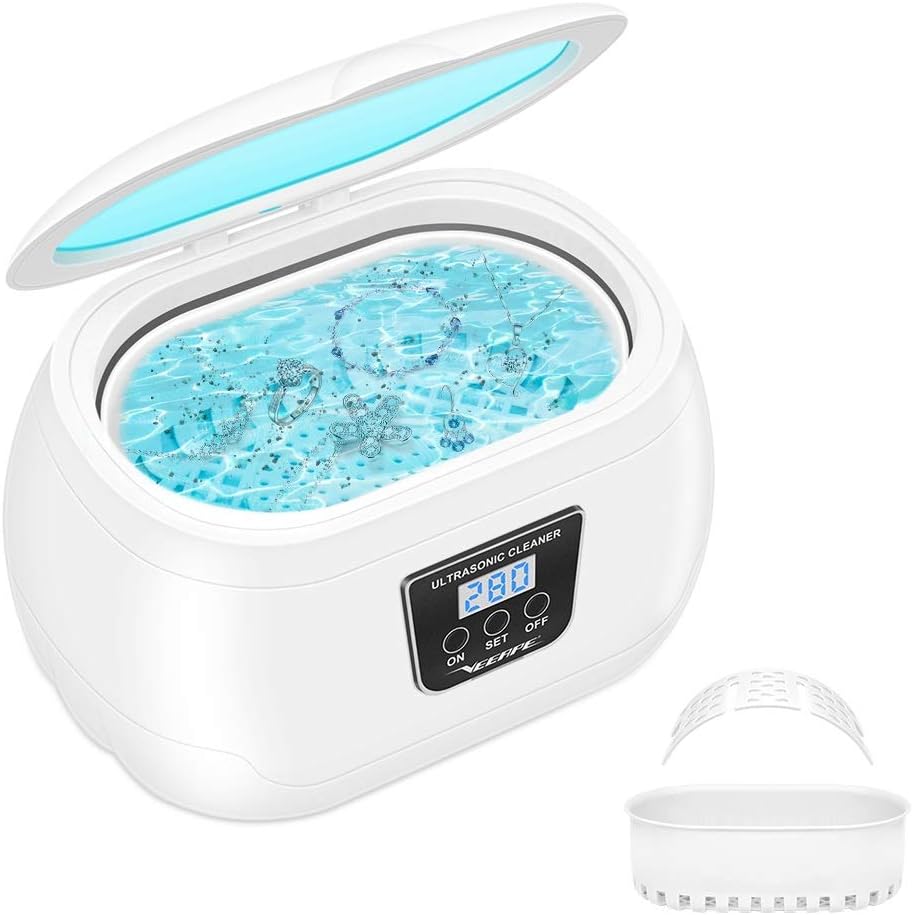 VEEAPE Jewellery Cleaner, 43khz Ultrasonic Cleaner 600ml Professional Ultrasonic Bath Cleaner with Cleaning Basket Watch Stand Digital Timer for Jewelry Glasses Silver Pendant Coin Metal Razor Denture