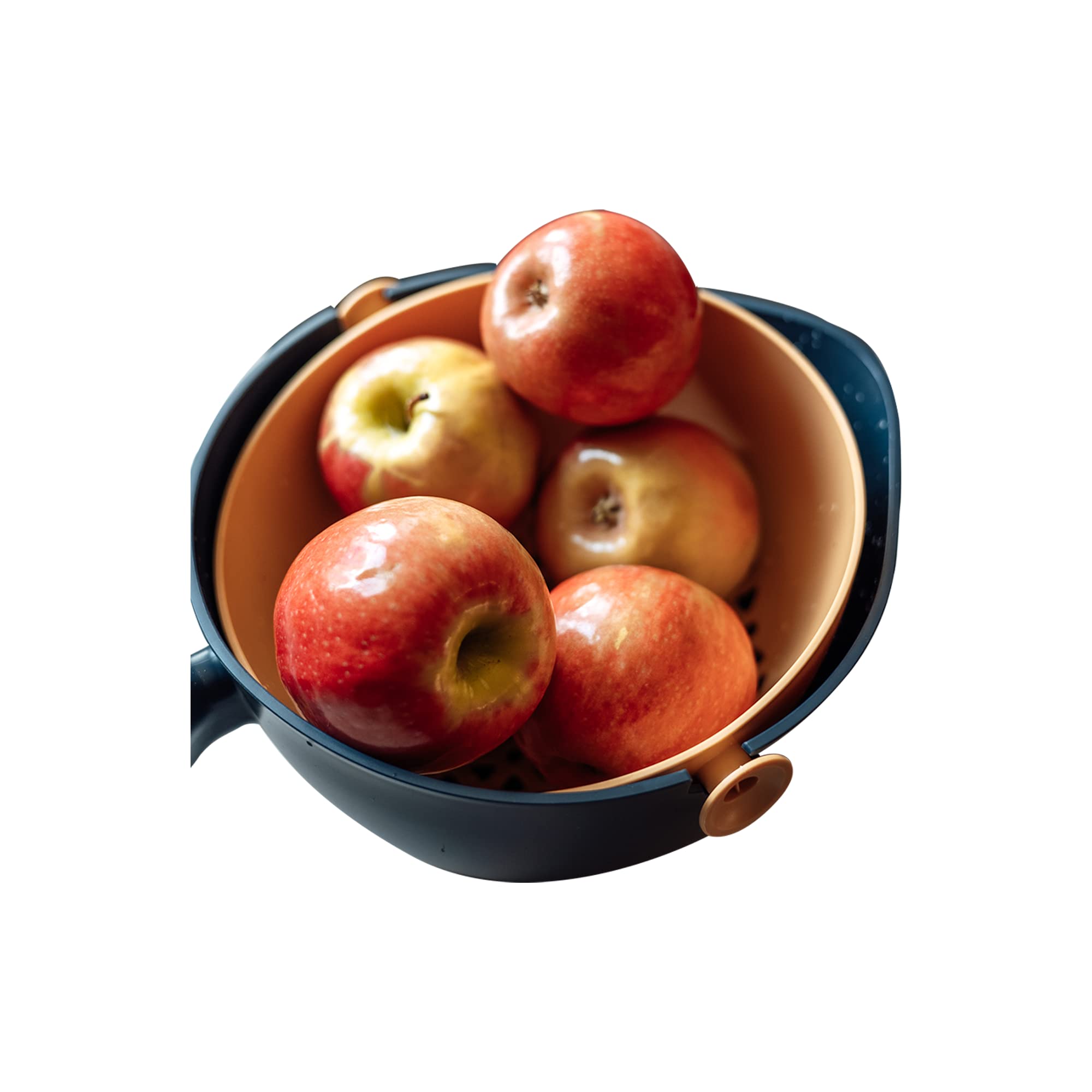 Ciotola e colino rotante per alimenti 2 in 1, a doppio strato, con manico per scolare pasta, frutta, verdura, cestino in plastica per alimenti (blu)