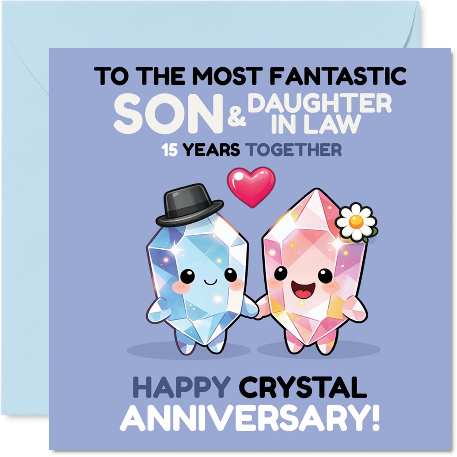 Sentimental 15th Anniversary Card for Son & Daughter in Law - Celebrating 15 Years in Style - Adorable Crystal Characters Share the Love - 145mm Square, Envelope Included