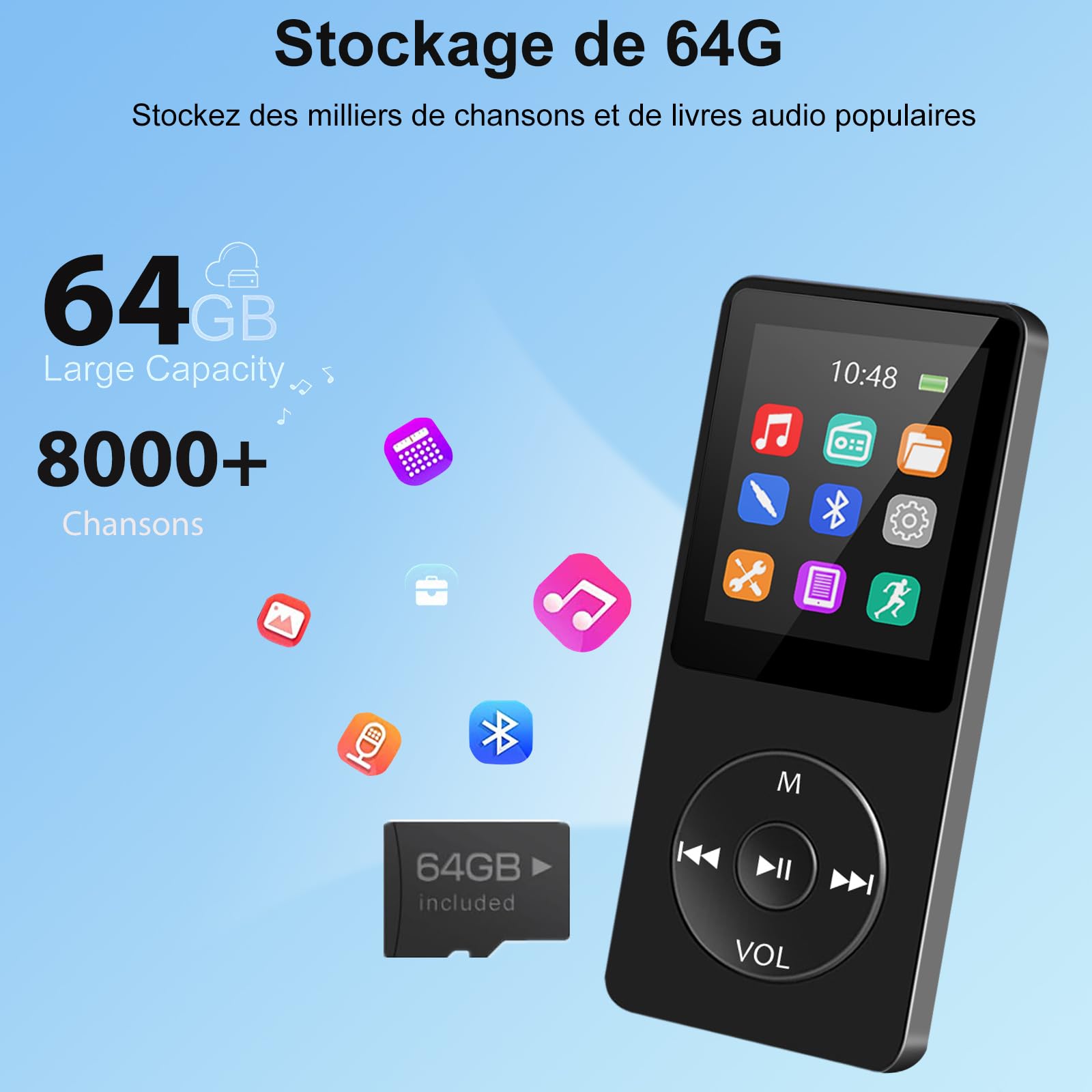 64Go MP3 Bluetooth 5.0 avec Haut-Parleur, Lecteur MP3 en Qualité Sonore HiFi Audio MP4 Baladeur Sport avec Écouteurs, Volume Indépendant, Radio FM, Enregistreur Vocal, Prend en Charge Jusqu'à 128 Go