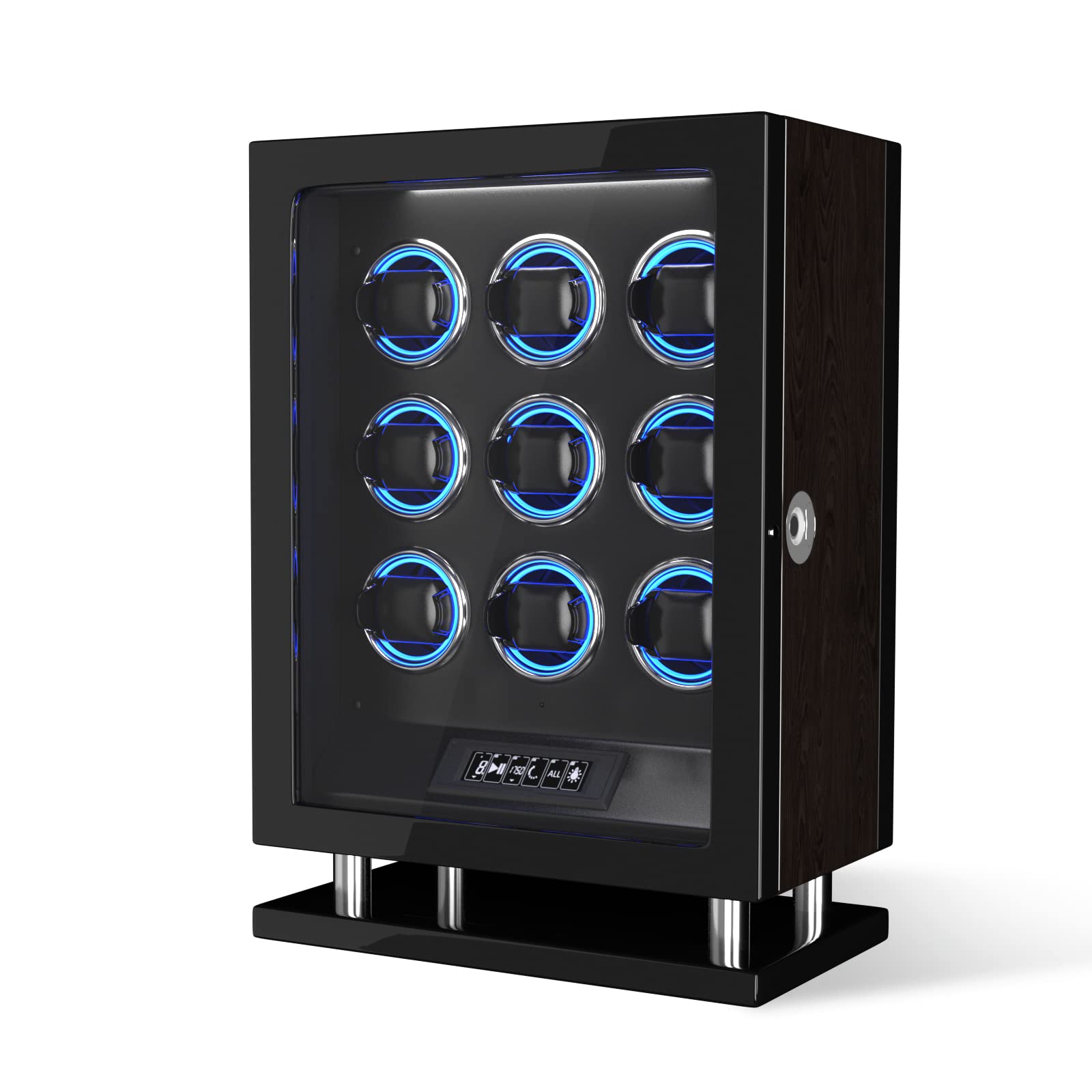 DUKWIN Fingerprint Lock Watch Winder for 9 with Changing LED Light, Multiple TPD, LCD Touchscreen, Remote Control, Adjustable Watch Pillow and Mabuchi Supper Quiet Motor for Watch Lover