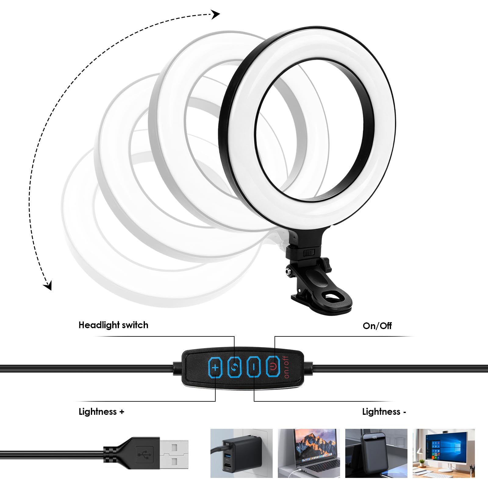 Lampa pierścieniowa do komputera/wideokonferencji lampa pierścieniowa laptop telefon komórkowy PC 5" światło do wideokonferencji - światło do kamery internetowej do monitora, klipsa, pracy dystansowej