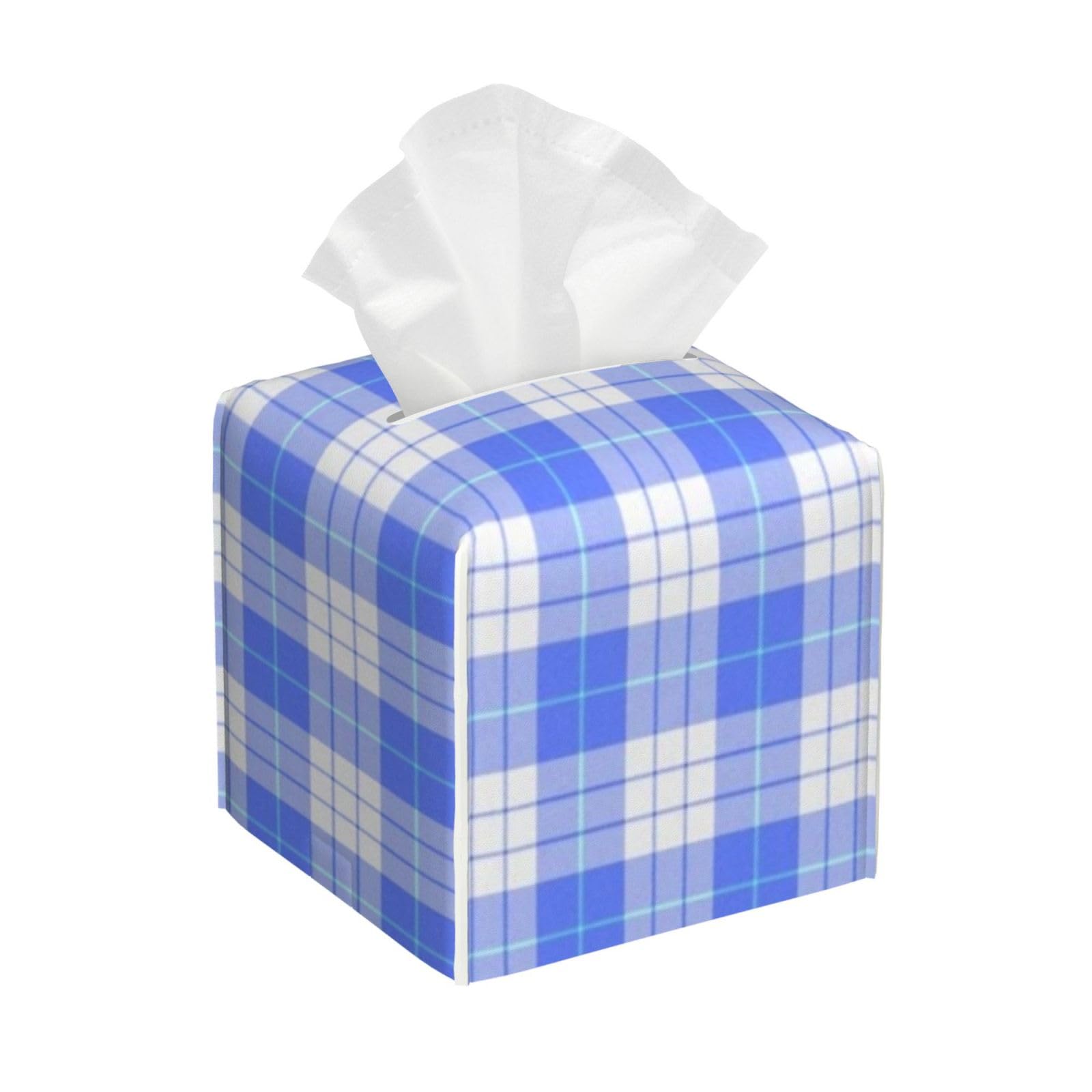 Blue Sky Tartan Plaid Check Tissue Box Cover 5" Square Leather Tissue Holder Facial Tissue Case for Tabletop Bedroom Bathroom Desk Decor