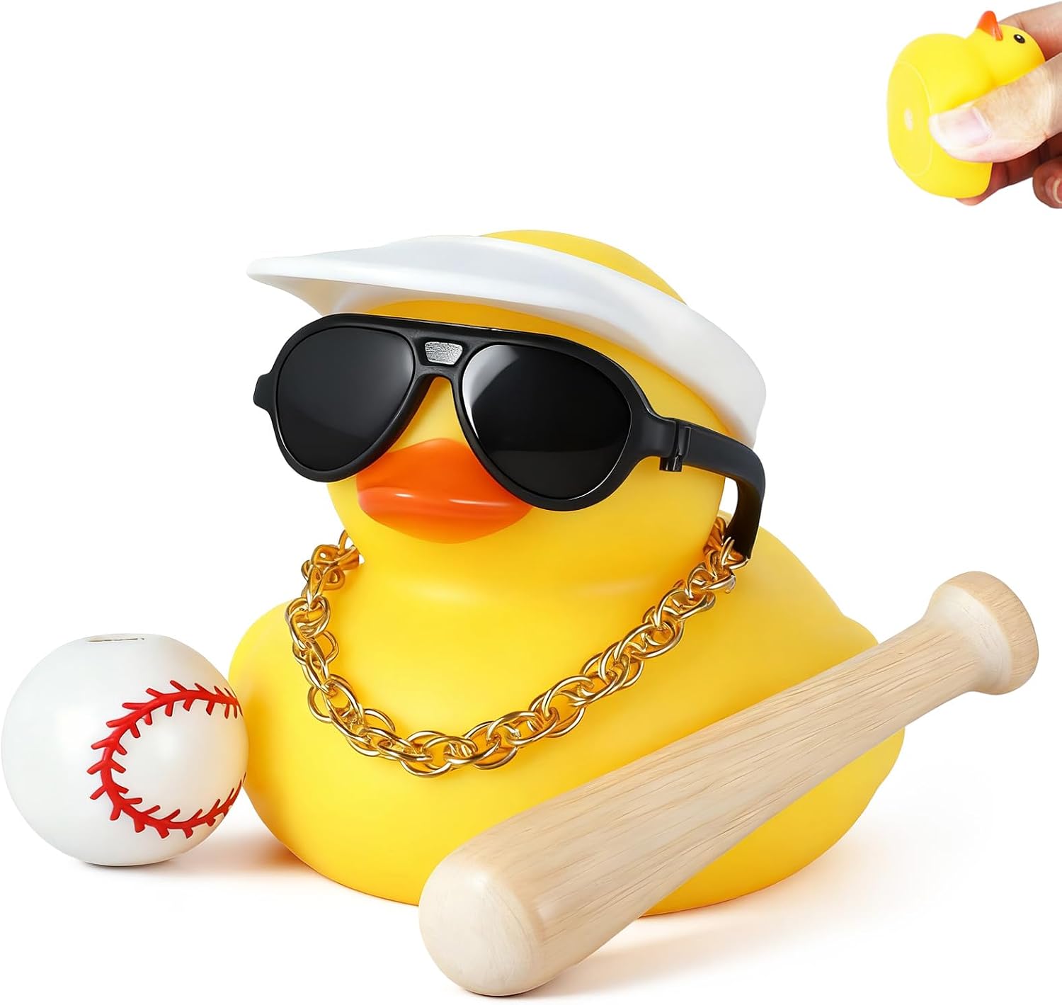 Baseball Rubber Duck Car Dashboard Decorations with Accessories (Visor, Sunglasses, Bat, Ball) - Stress Relief Car Accessories for Adults, Office, Home Decor, Funny Gifts for Men Women