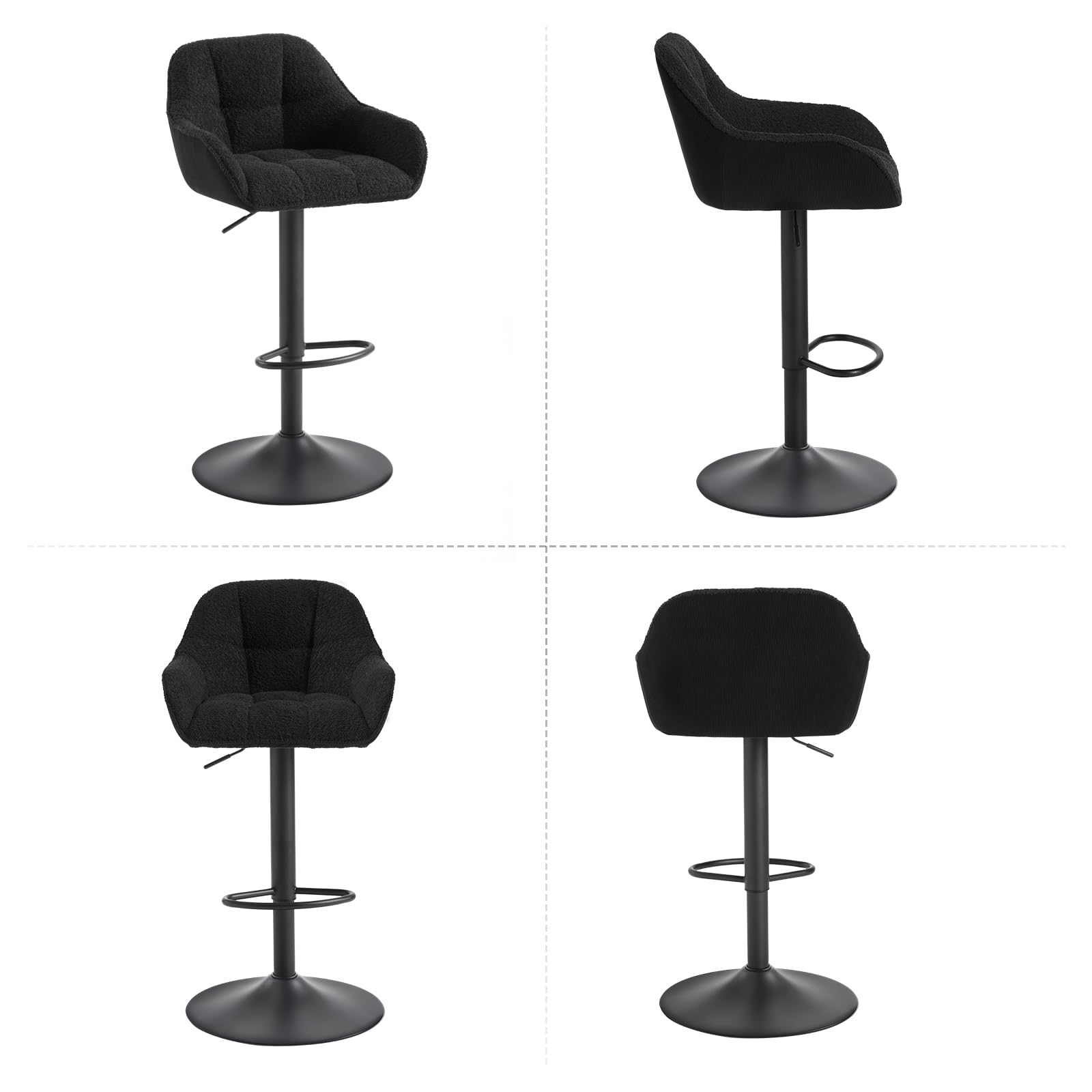 WOLTU Tabouret de Bar, Lot de 2, Chaise de Bar, Réglable en Hauteur, Siège Rembourré Pivotant, avec Dossier, Repose-Pieds, Chenille+Velours Côtelé, Noir, BH400sz-2