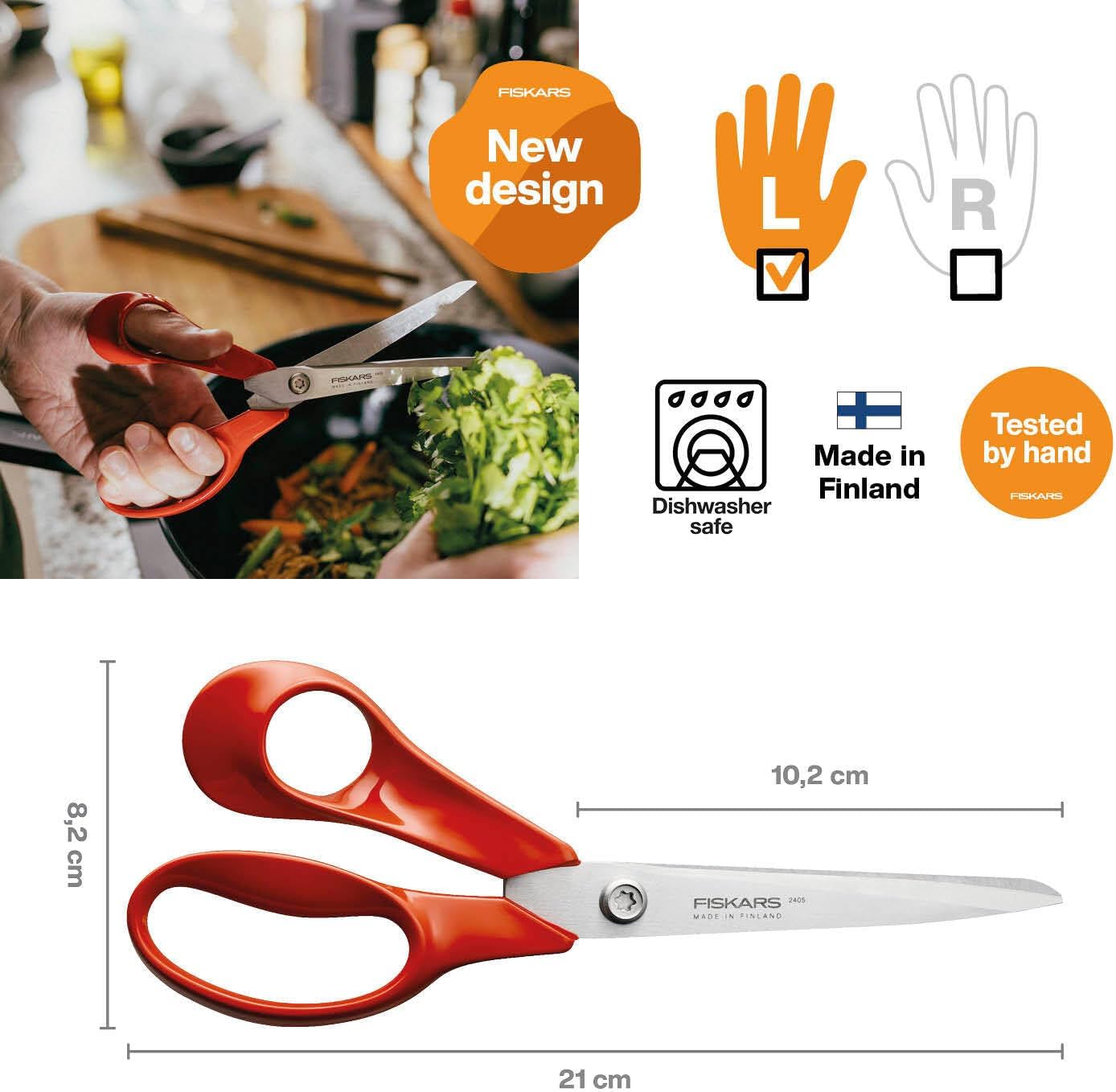 Fiskars Classic 1075035 Universal Left Handed Kitchen Scissors, Total Length: 21 cm, Improved Torx Screw and Ergonomic Handle, Quality Steel/Plastic, Red