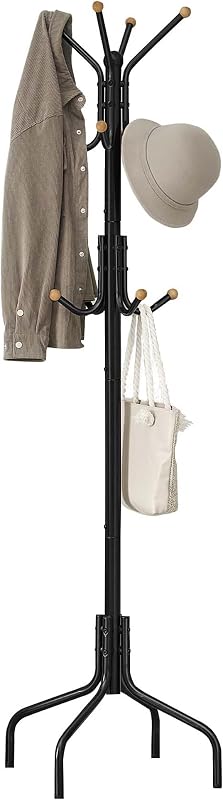 Coat Rack Freestanding, Metal Coat Rack Stand with 12 Hooks and 4 Legs, Holds Clothes, Hats, and Bags, for Entryway, Living Room, Bedroom, Black URCR031B01