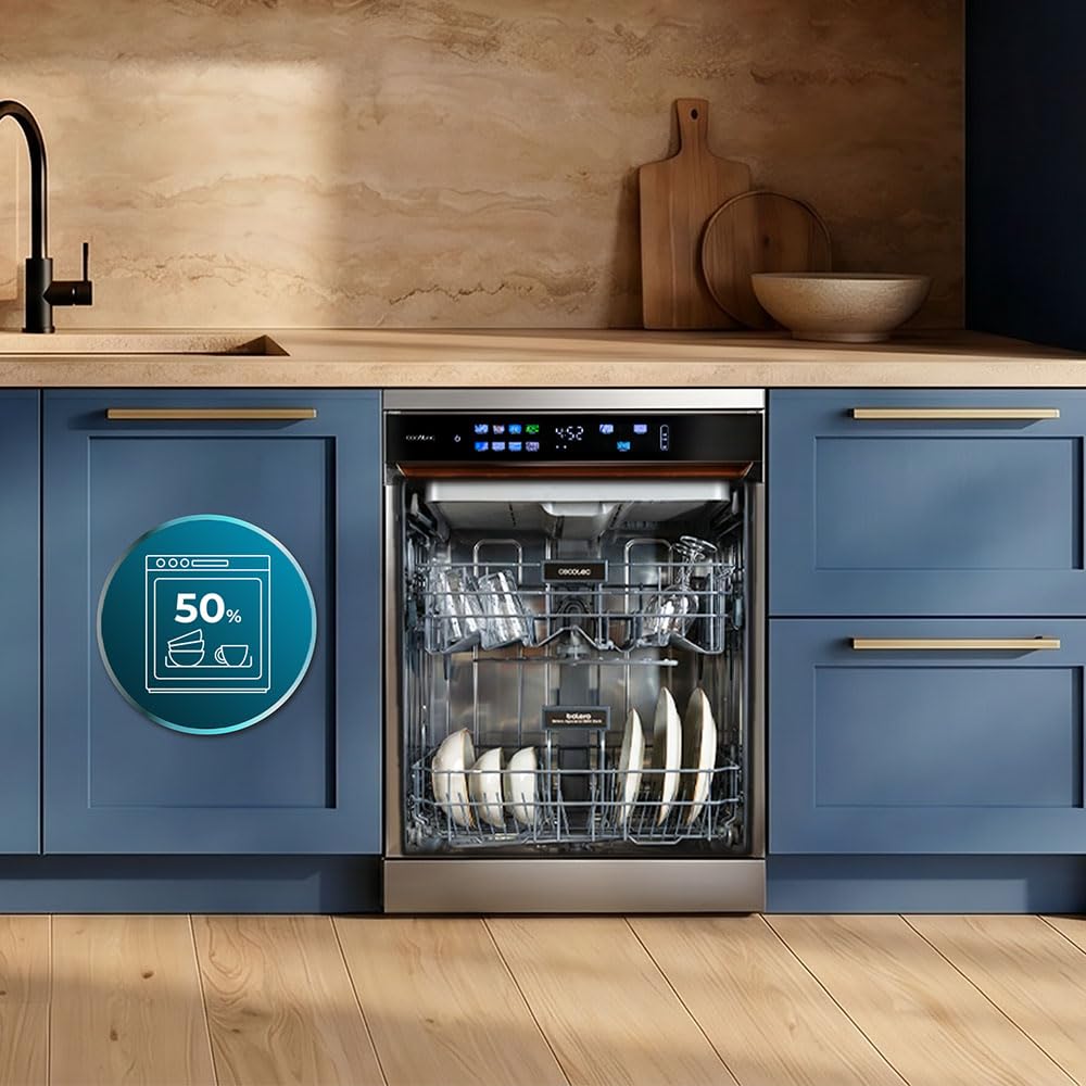 Cecotec Geschirrspüler Bolero Aguazero 6900 Edelstahl. 60 Cm Spülmaschine, 15 Maßgedecke, 8 Programme, Energieeffizienzklasse A, Dual Zone Wash, Inverter Plus Motor, UV Hygiene, Leiser Betrieb