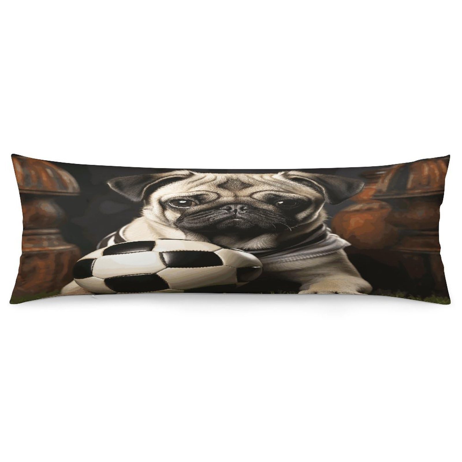 Pug Dogs with Soccer Ball Football Body Pillow Cover Soft Full Long Pillow Cover Decorative Large Pillow Case Cozy Body Pillow Pillowcase Pillow Shams for Bed Sofa Couch Room Decor 18.9 X 53 Inch