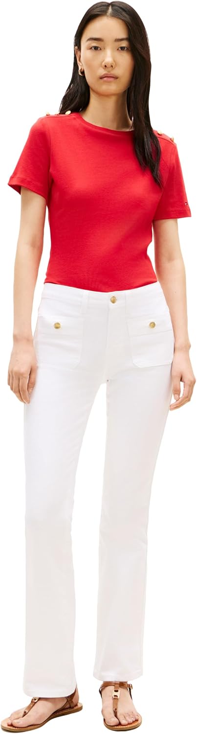 Tommy Hilfiger Women's Short Sleeve Cotton Graphic Crew Neck T-Shirt with Button Embellished Shoulder Design