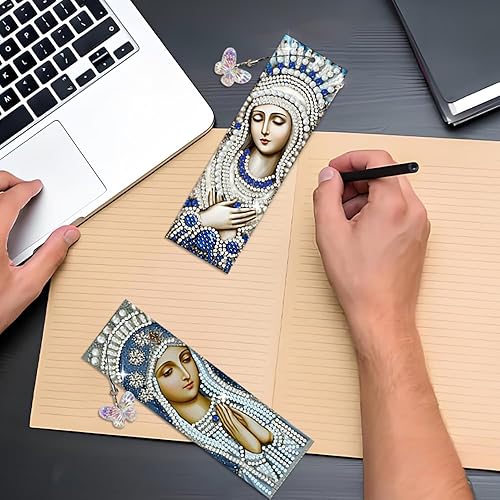 Miniatura 5 de pigpigboss Juego de 2 marcapáginas de pintura religiosa de diamantes de la Virgen María religiosa, marcapáginas de acrílico con puntos de arte de
