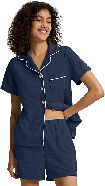 SIORO Button Down Pajamas Set for Women Short Sleeve Sleepwear Lightweight Waffle Knit Loungewear Shorts Set Nightwear