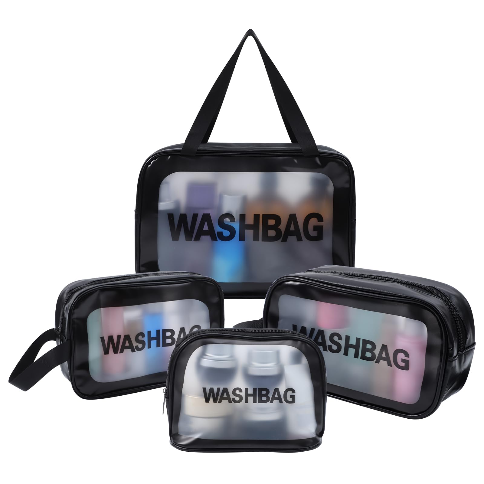 4 Pcs Clear Toiletry Bag, Waterproof Clear Plastic Cosmetic Makeup Bags Transparent Travel Wash Bag for Women and Girls (Black)