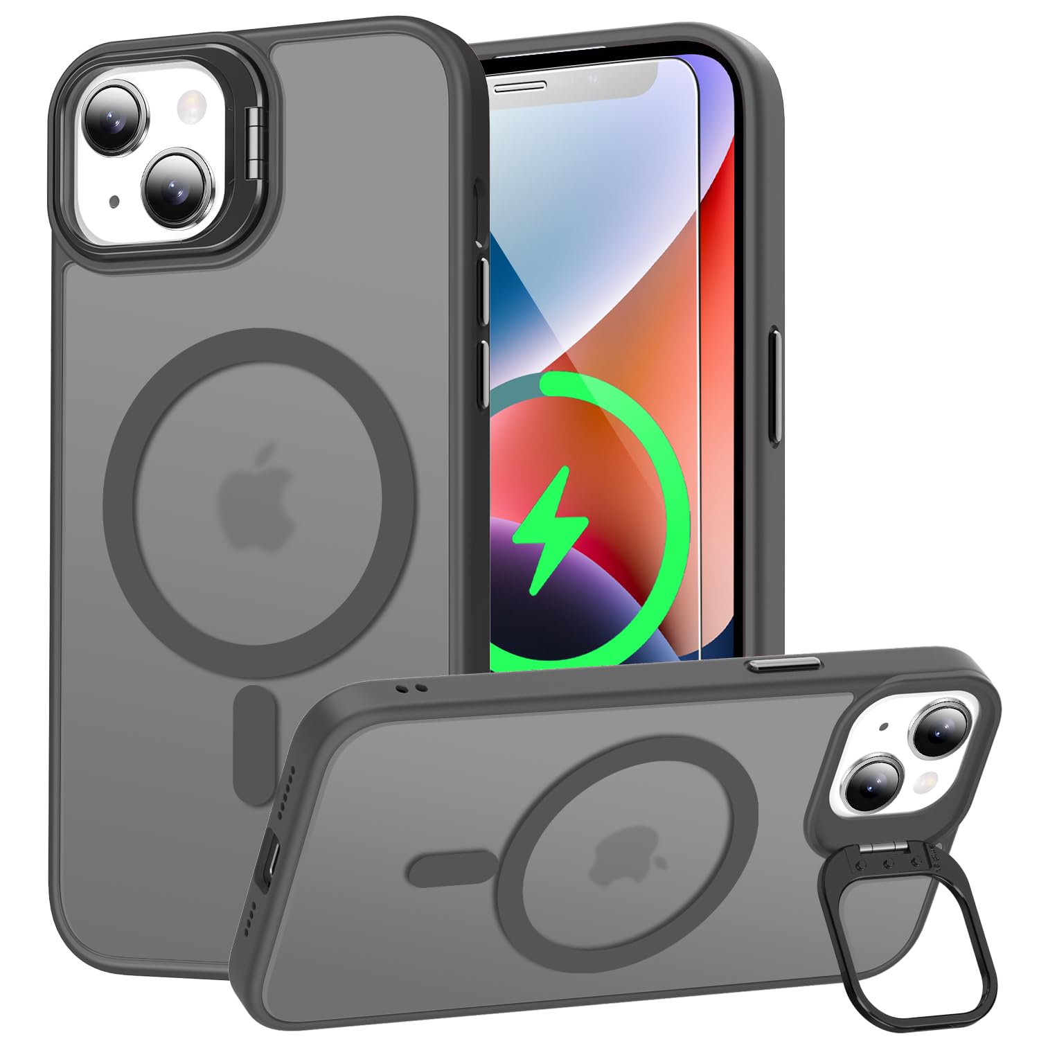 Goodon Magnetic for iPhone 14 Case with Screen Protector, Built-in Metal Camera Kickstand,[Compatible with Magsafe] [Wireless Charging] Matte Protective Phone Cover 6.1" for Men, Women, Girls - Grey