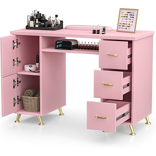 Nail Tech Desk with Storage,Acetone-Resistant Manicure Table,Nail Table Beauty Salon Tech Station,3 Drawers,2 Cabinets,Wrist Cushion,Sturdy Metal Legs for Salon,Spa,Home (Pink-Gold)