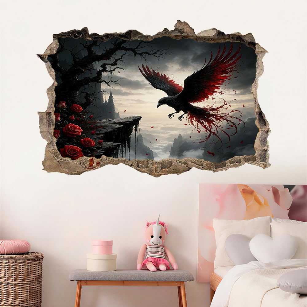 3D Durchbruch Wandtattoo Mädchen Kinderzimmer Krähe Wandaufkleber Dekorative Rote Rosen Wandsticker für Junge Teenager Zimmer Wohnzimmer Schlafzimmer Wandbilder Deko